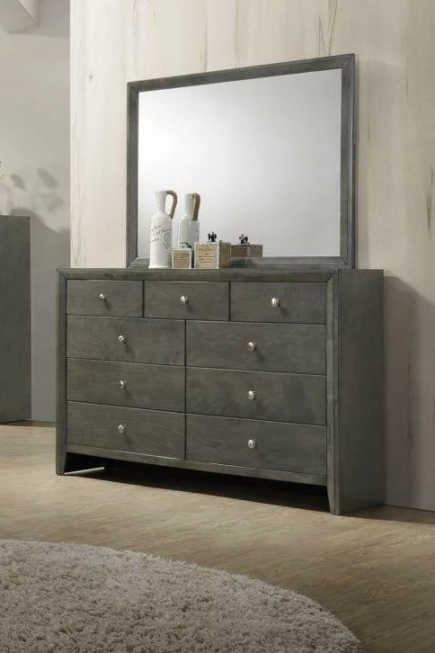 Contemporary Style Queen Size Bed Dresser Mirror Nightstand 4pc Set Gray Finish Solid Wood Bedroom Furniture