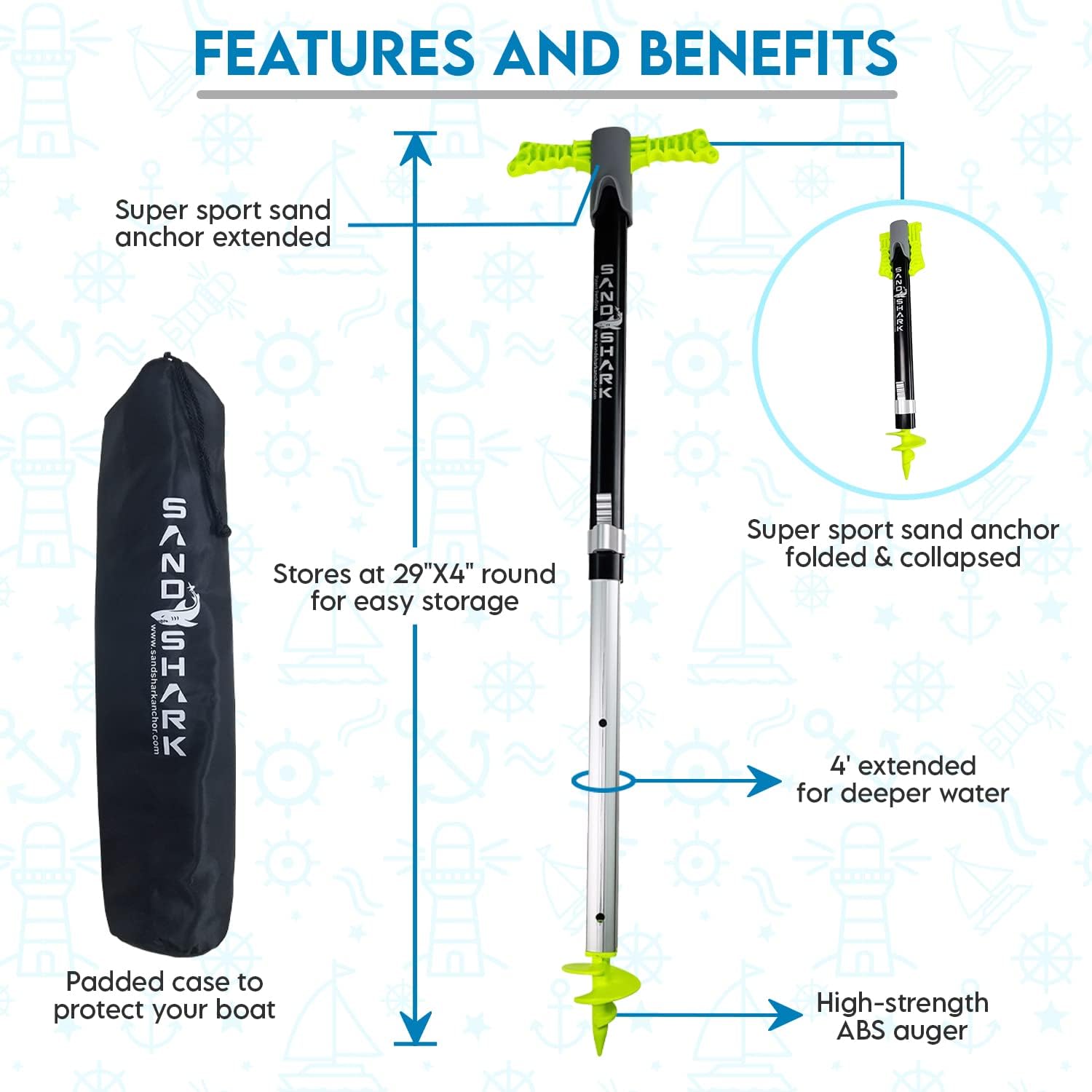 SandShark SuperSport Boat Anchor Patent Pending Design Protects Watercraft at Beach, Sandbar, or in Shallow Water Boat Anchors, Pontoons, or PWC. Adjusts 29"-48" w/Case.
