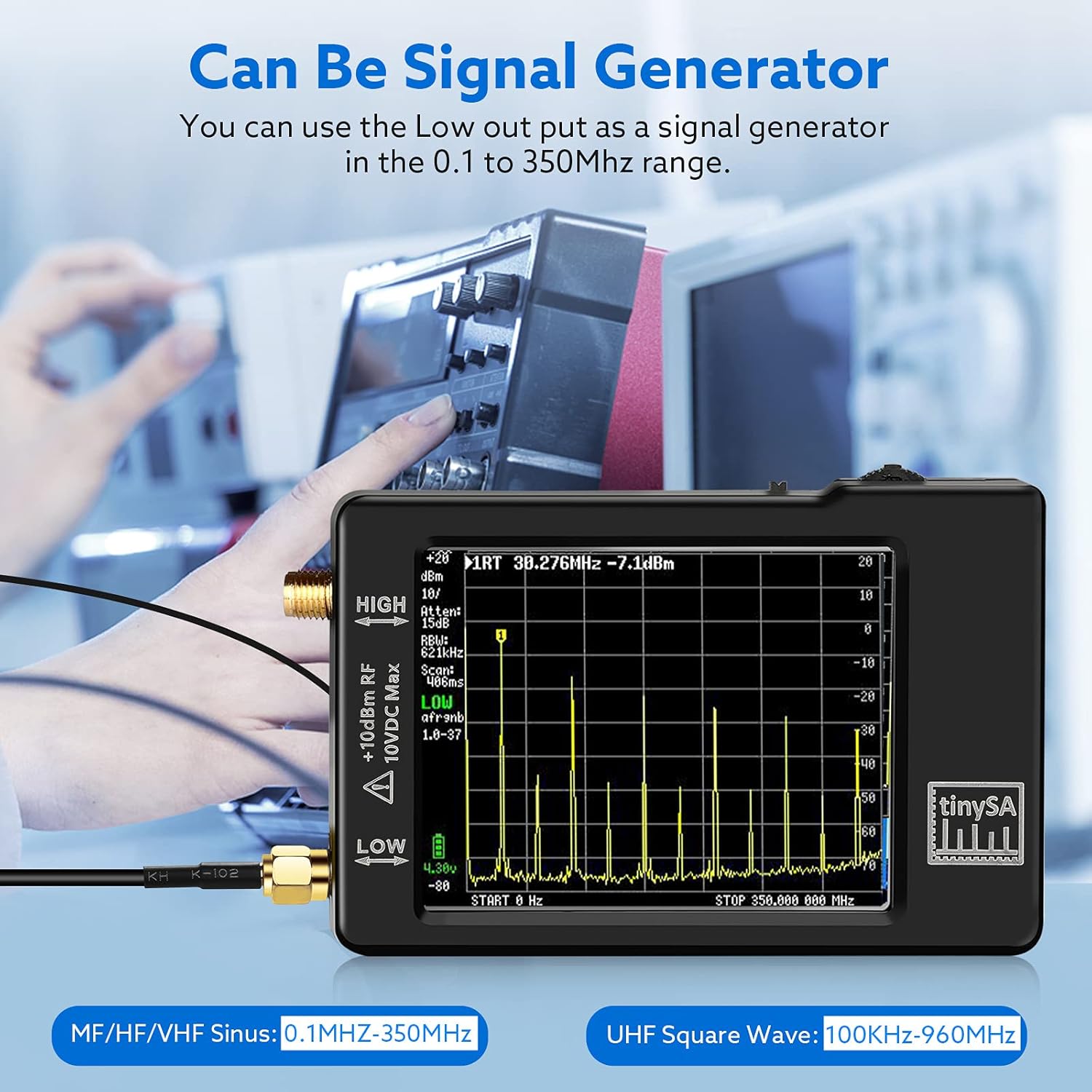 Portable TinySA Spectrum Analyzer, SEESII Upgraded V0.3.1 Tiny Frequency Analyzer with Antenna SMA Male to UHF Female Cables, 100kHz to 960MHz MF/HF/VHF UHF Input, 2.8'' Touchscreen Signal Generator