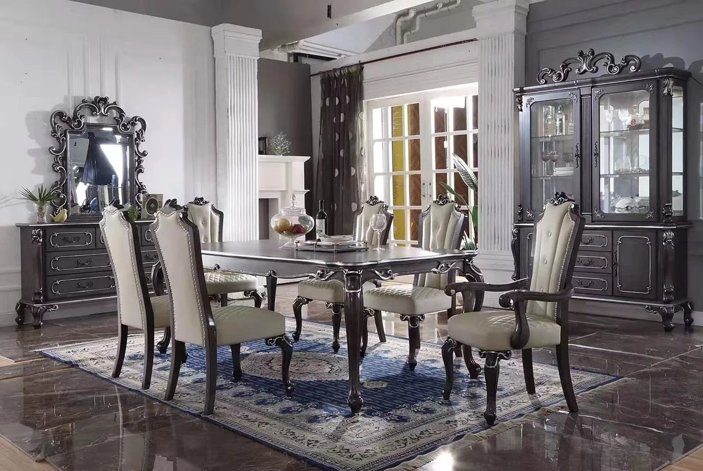 Carved Wood Dark Gray Dining Table House Delphine ACME Classic Traditional - Curated Treasures Market