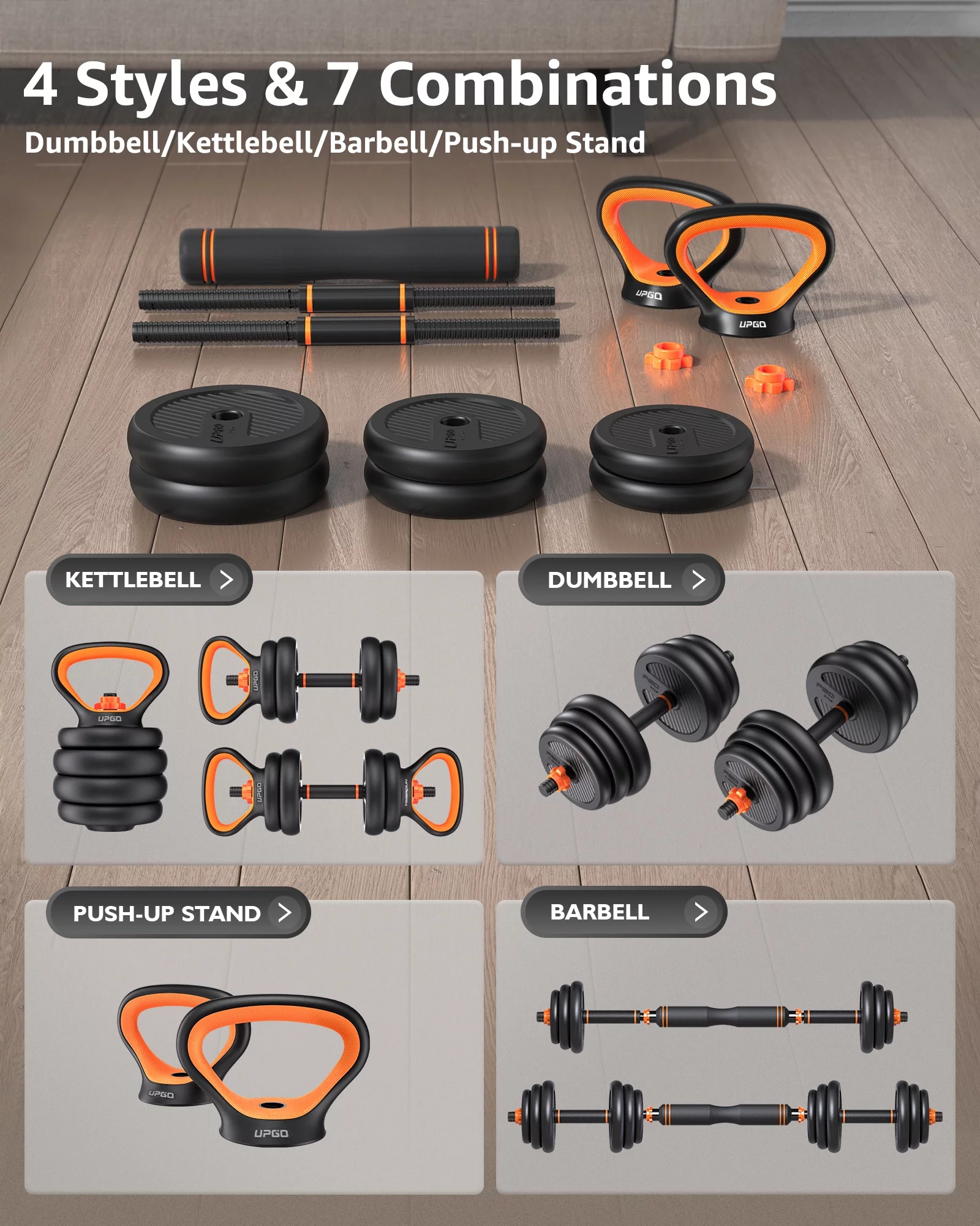 UPGO Adjustable Dumbbells, 70lbs Free Weight Set with Connector, 4 in1 Dumbbells Set Used as Barbell, Kettlebells, Push up Stand, Fitness Exercises for Home Gym Suitable Men/Women