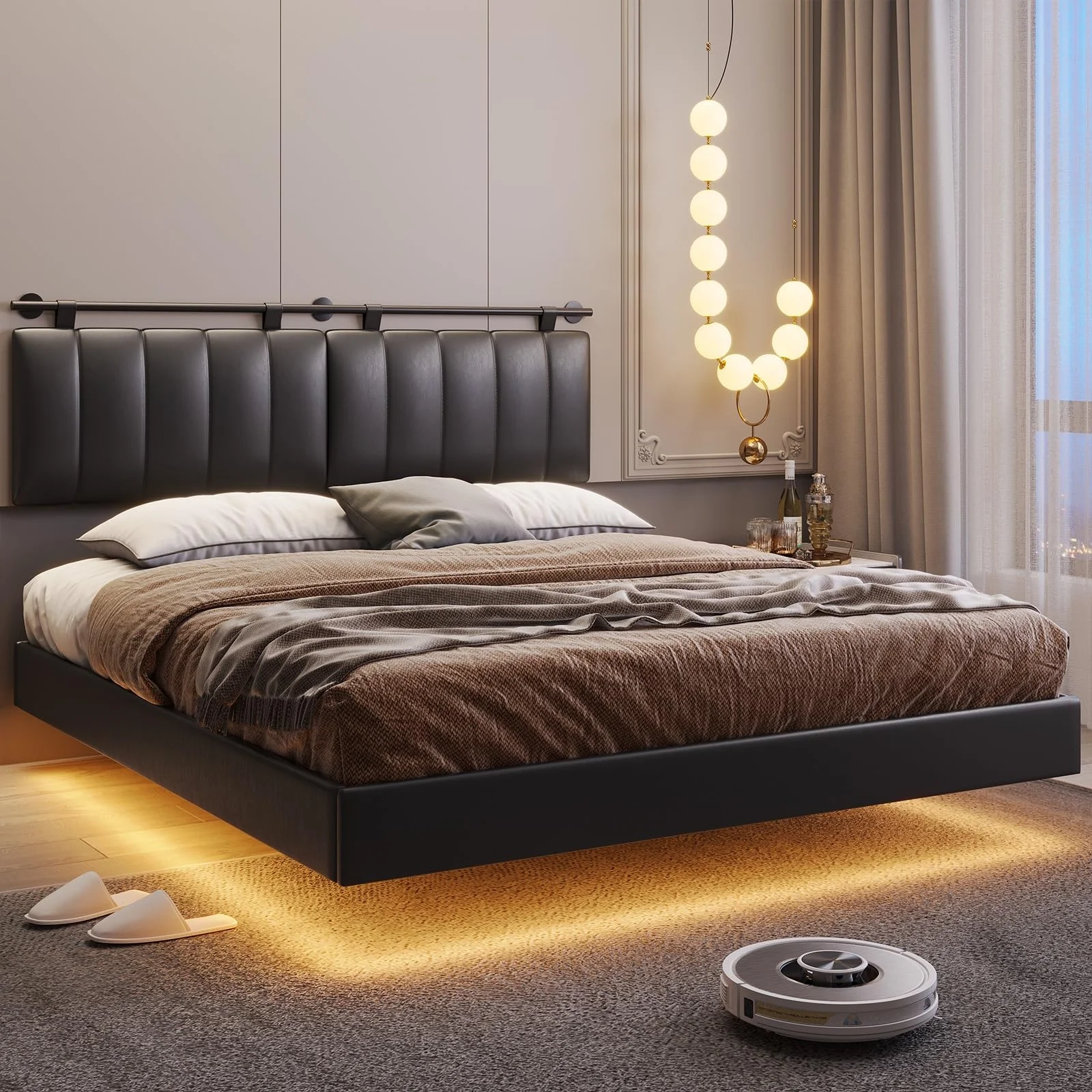 ADORNEVE Queen Floating Bed Frame with LED Lights and Wall Mounted Headboard, Modern Faux Leather Upholstered Platform Bed Frame, No Box Spring Needed, Black