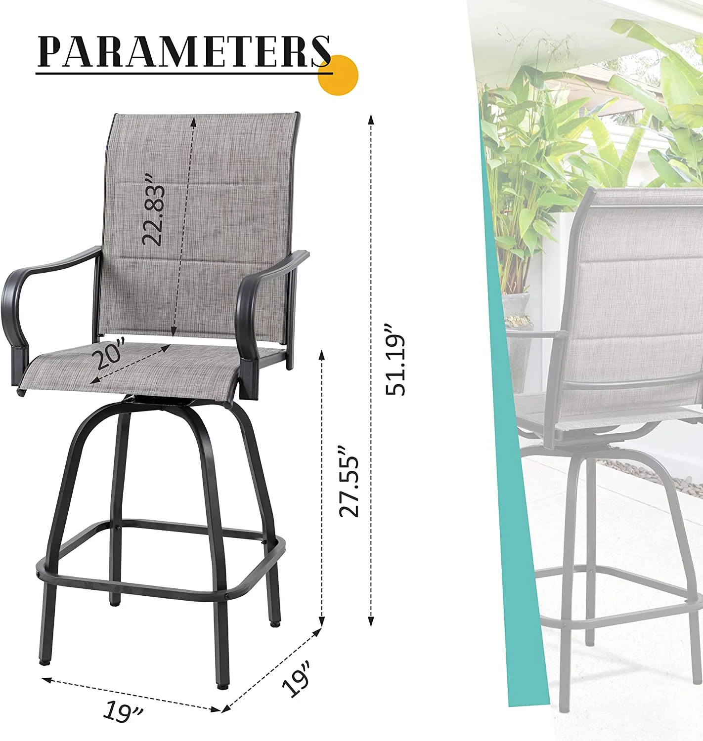 Sobaniilo 4 Pieces Outdoor Patio Swivel Bar Stools, All Weather Padded Sling Textilene High Top Bar Chairs, Bistro Set for Backyard, Lawn Garden, Balcony, Gray