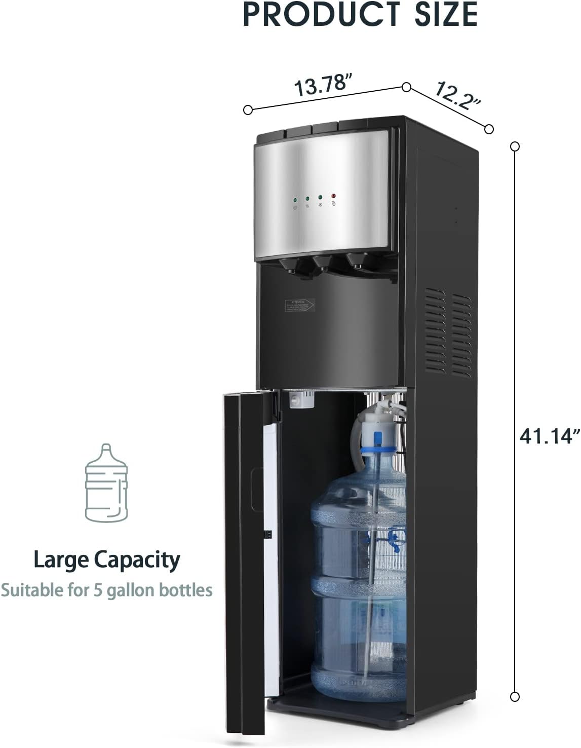 Bottom Loading Water Dispenser 5 Gallon,Hot Cold and Room Water Cooler with 3 Temperature Spouts, Empty Bottle Indicator Child Safety Lock Stainless Steel Black Home and Office Use
