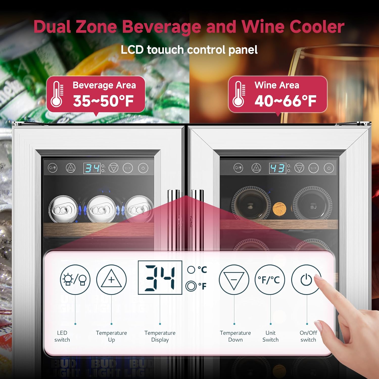 24" Wine and Beverage Refrigerator, Dual Zone Wine Cooler with Glass Door, Hold 88 Cans and 21 Bottles, Built in or Freestanding Under Counter Wine Fridge with Blue LED Light.
