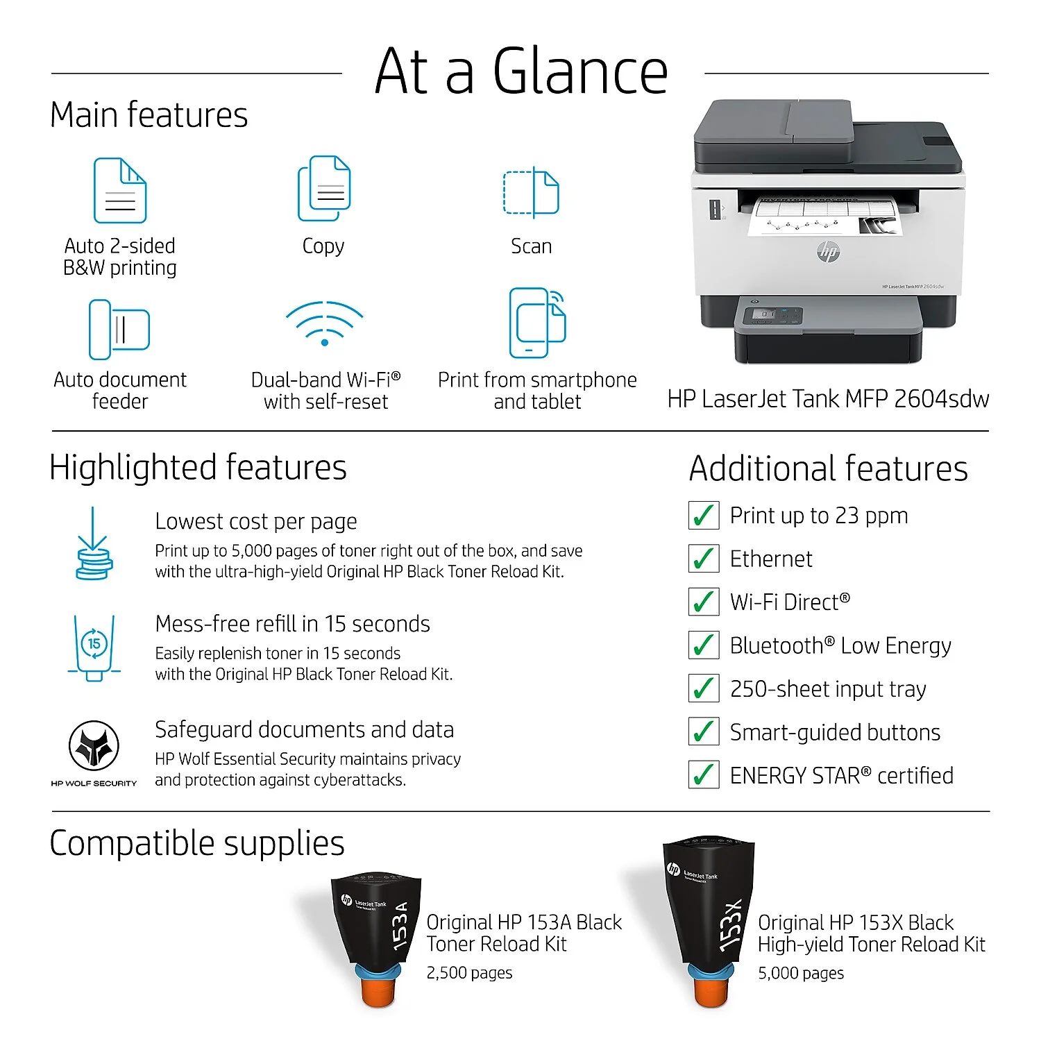 HP LaserJet Tank MFP 2604sdw Monochrome Color Printer with Laser Printing Technology, 381V1A