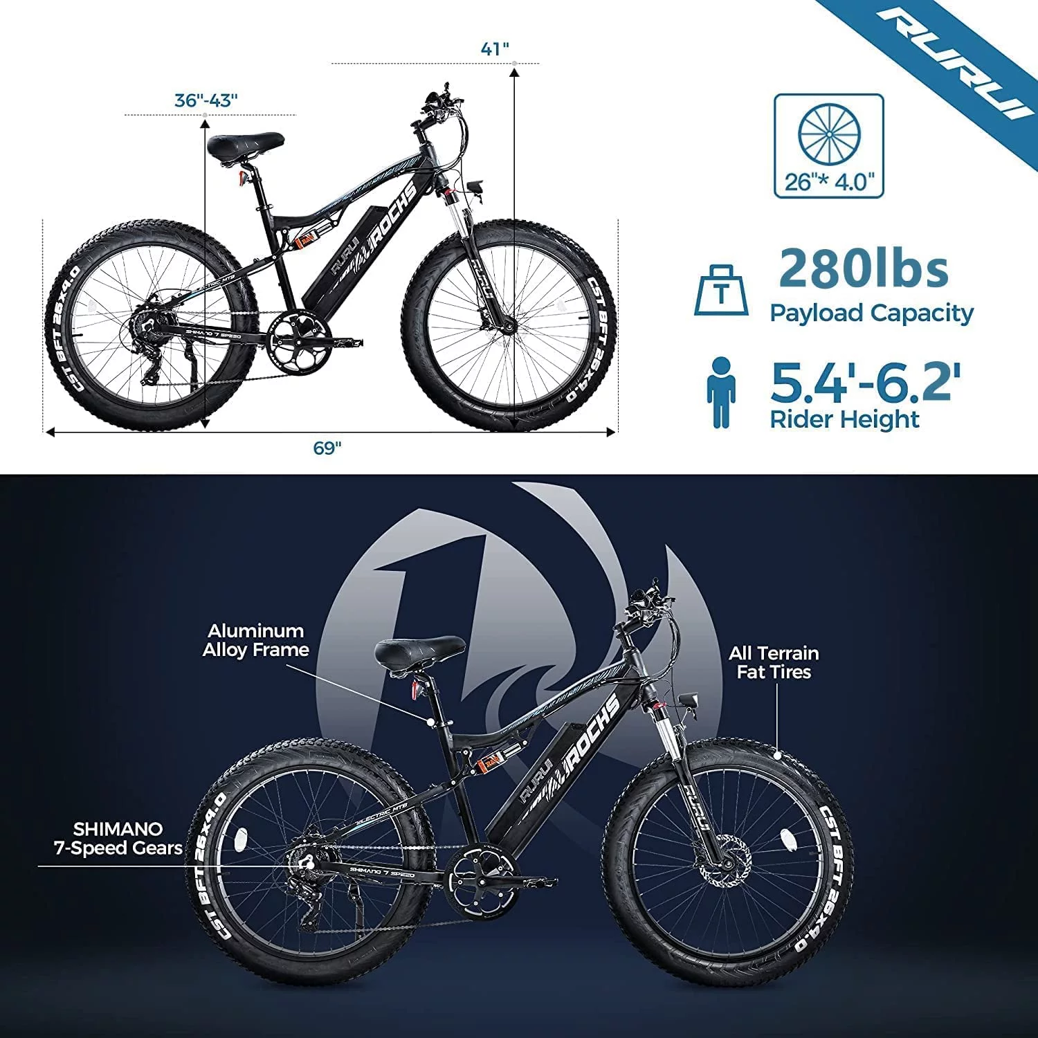 Eahora XT10 26in 750W Electric Bike up to 31MPH 48V 15Ah Adults 9 Speeds 4.0 Fat Tire Bicycle Black - Curated Treasures Market