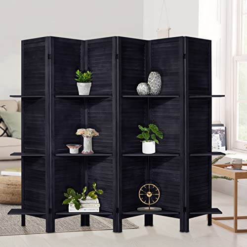 Room Divider with Shelves, Privacy Screen, Room Dividers and Folding Privacy Screens, 5 Panel Wood Temporary Wall Partition Separation Separator, Coconut