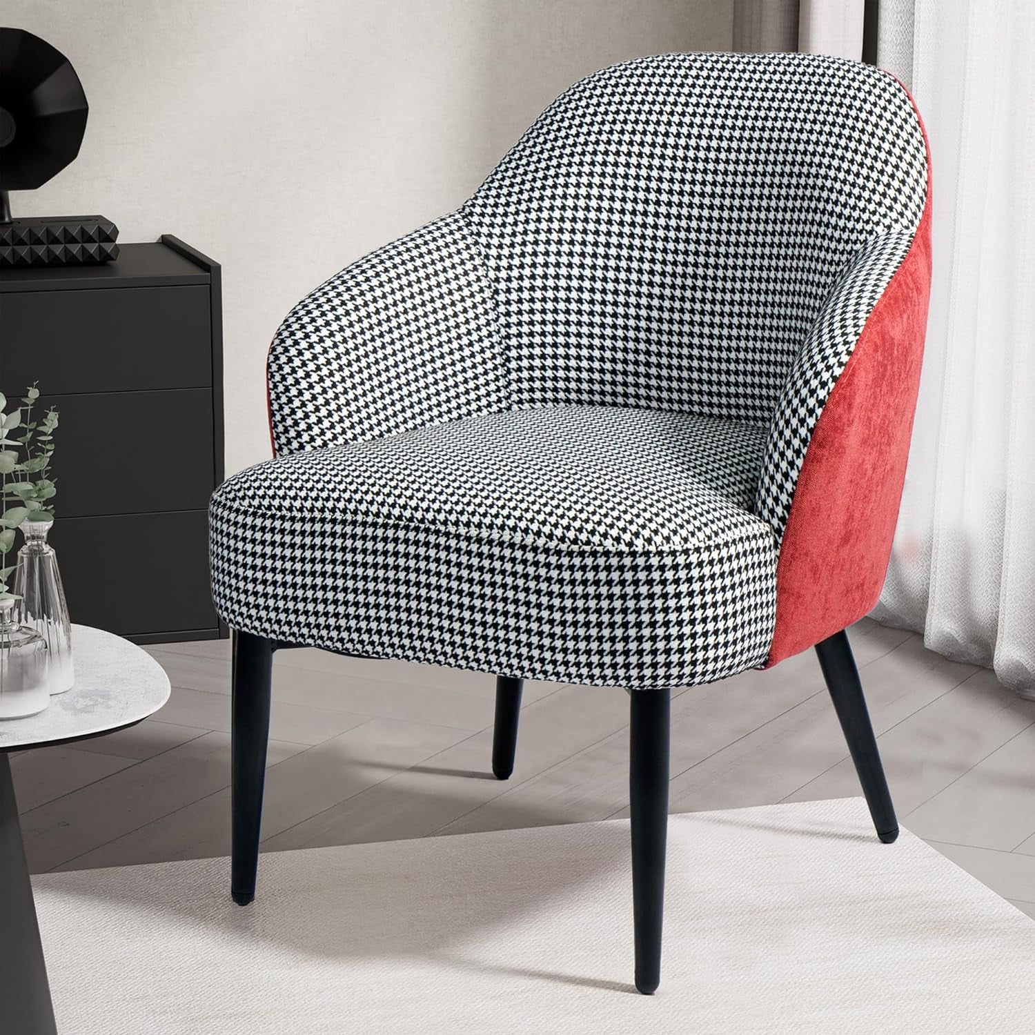 Cozy Castle Comfy Accent Chair, Classic Houndstooth Small Living Room Chair, Upholstered Modern Single Sofa Chair for Bedroom, Black & White
