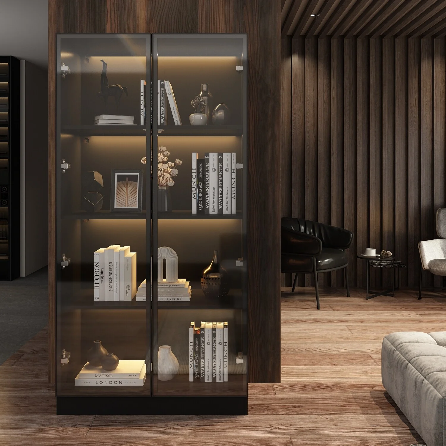 Storage Cabinet Glass l Wood Display Cabinet with 4 Shelves and Light 31.5"W - Black