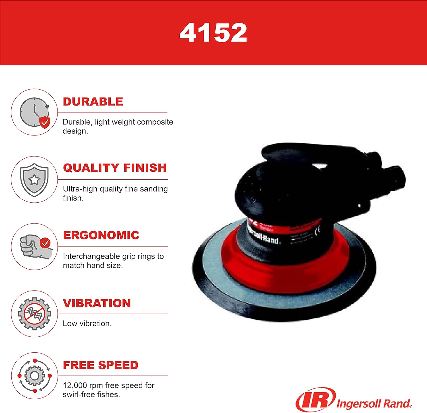 Ingersoll Rand 4152 6” Orbit Palm Pneumatic Sander with Pressure Sensitive Adhesive Pad, 12,000 RPM, Vacuum Ready, Lightweight, Composite Design, Low Vibration