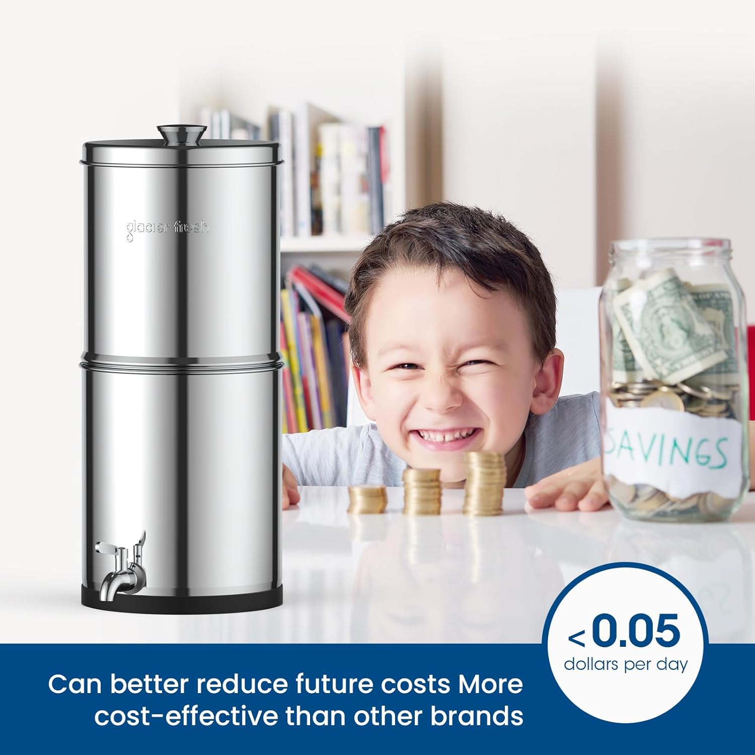 GLACIER FRESH Gravity-fed Water Filter System, 2.25G Stainless-Steel System with 5 Filters