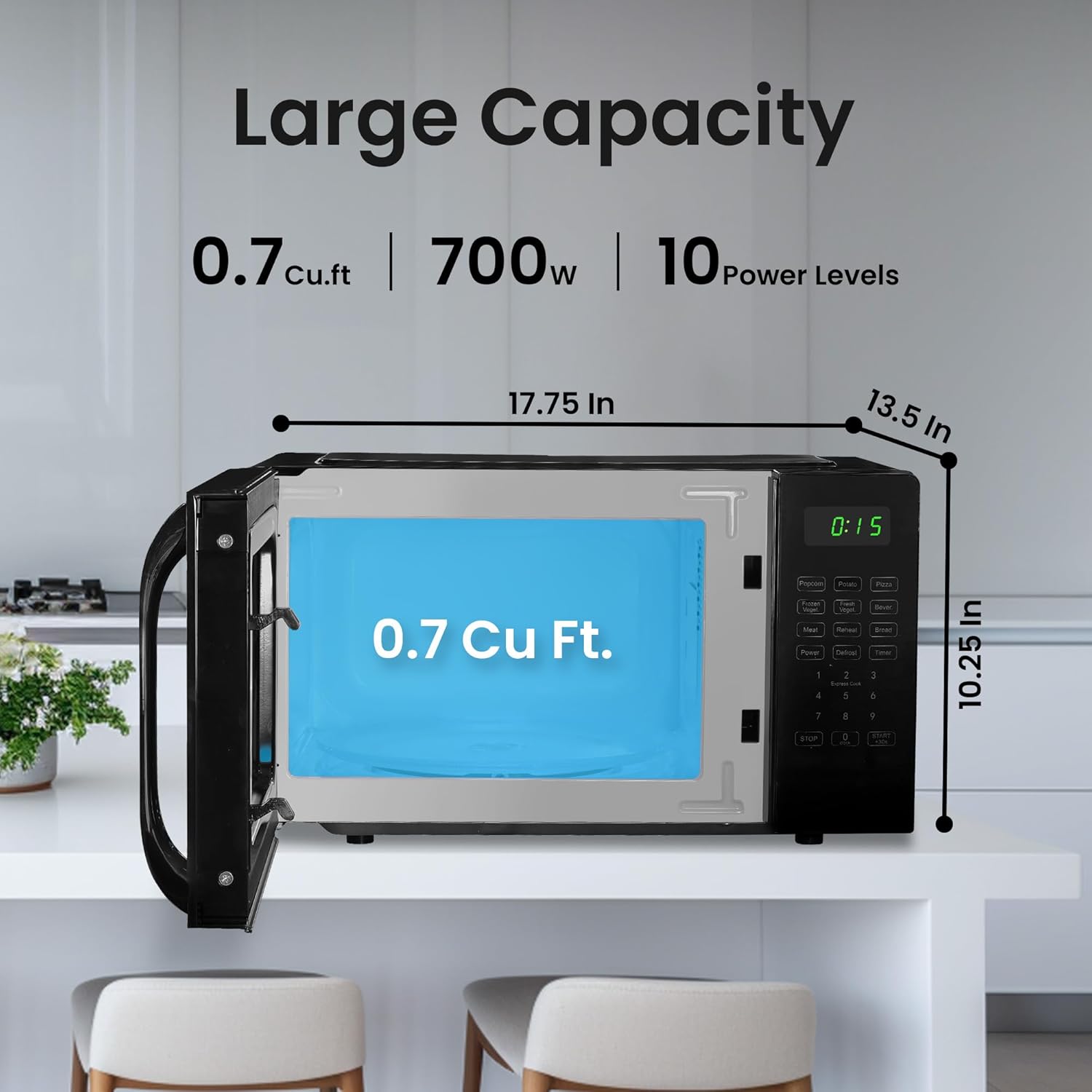 Countertop Microwave Oven Small 0.7 cu ft With Digital Display, Black Microwave Countertop has 10 Power Levels & Auto Defrost Function Compact Microwave for Dorm With Child Lock