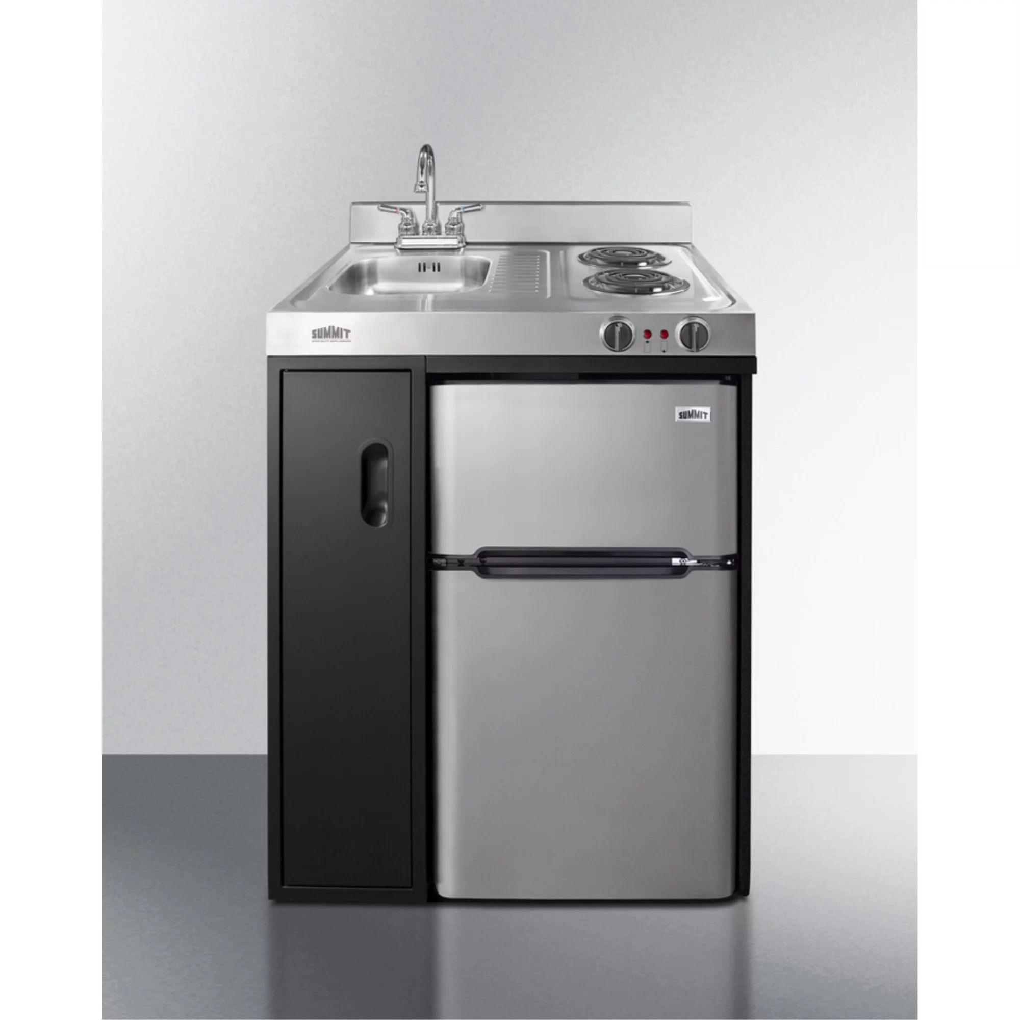 30" wide all-in-one kitchenette with 2-burner 115V coil cooktop, refrigerator-freezer, sink, and storage cabinet