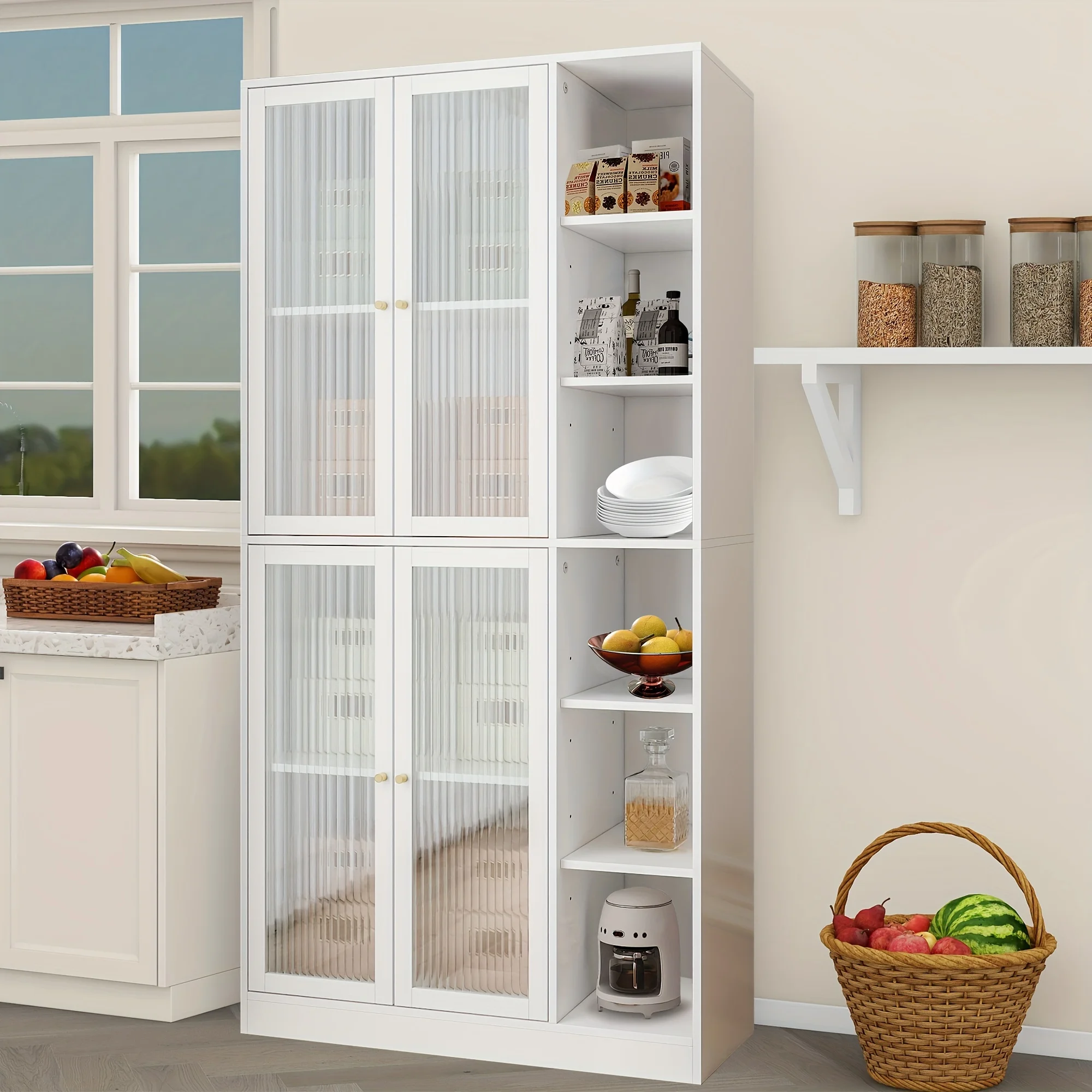 1pc White Freestanding Utility Storage Cabinet, 71" Tall Pantry Cabinet With Doors And Adjustable Shelves, Storage Cabinet For Dining Room, Living Room, Kitchen - Curated Treasures Market
