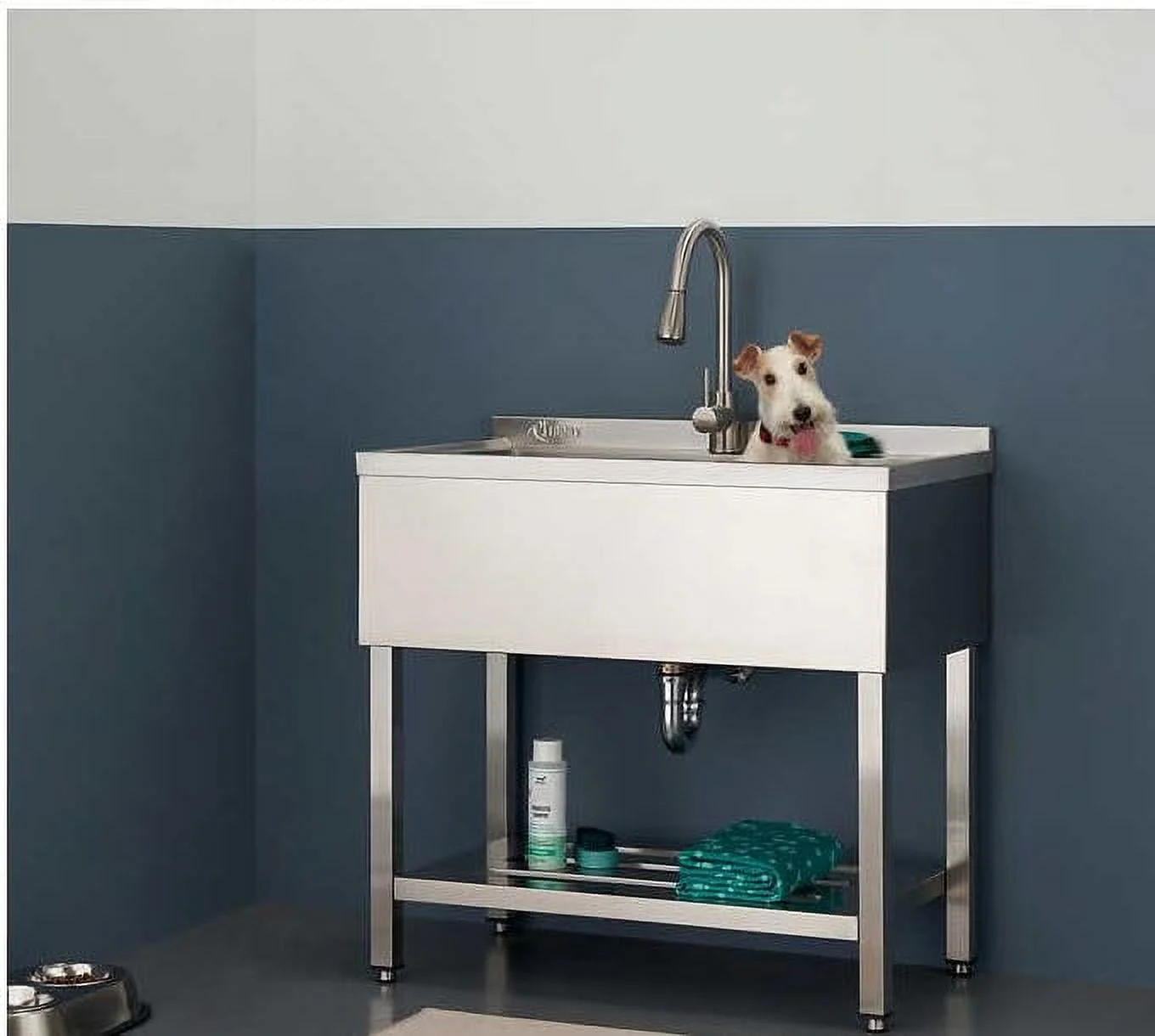 TRINITY Stainless Steel Freestanding Single Bowl Utility Sink for Garage, Laundry Room, and Commercial Use, Includes Pull-Out Faucet, NSF Certified, 36" x 20" x 49", Stainless Steel