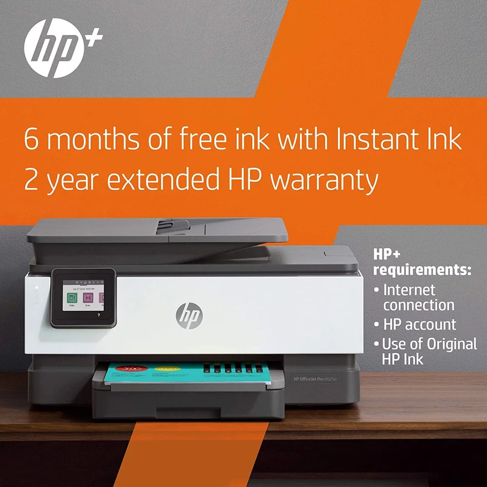 HP OfficeJet Pro 8025e All-in-One Wireless Smart Color Printer 1K7K3A Print, Scan, Copy, Fax, Mobile Functions, 6mths Instant Ink with HP+ Bundle with DGE Cable + Small Business Productivity Software