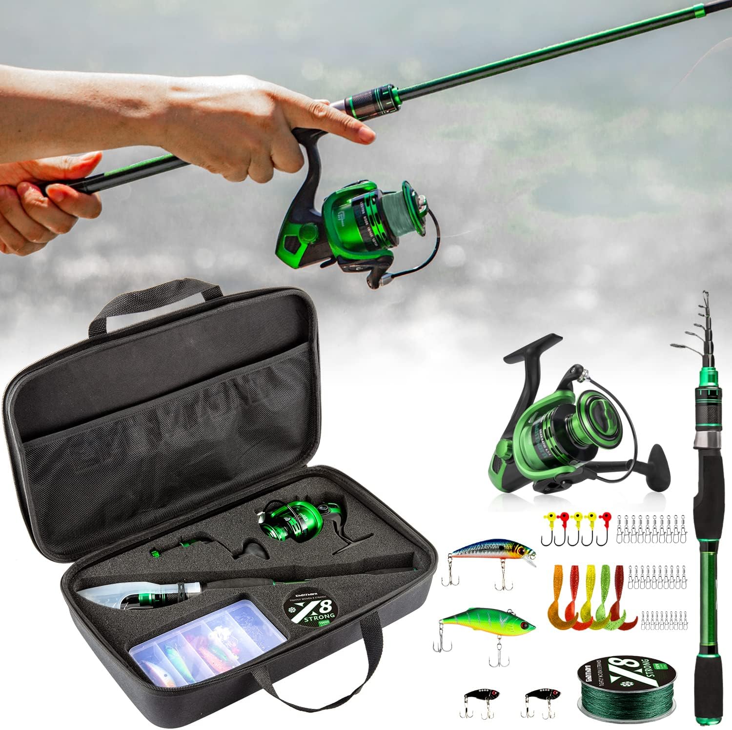 Ghosthorn Fishing Rod and Reel Combos Collapsible Fishing Pole Compact Fishing Pole Fishing Pole for Men Fishing Kit Set with Carrier Bag for Travel Freshwater Saltwater Fishing Poles