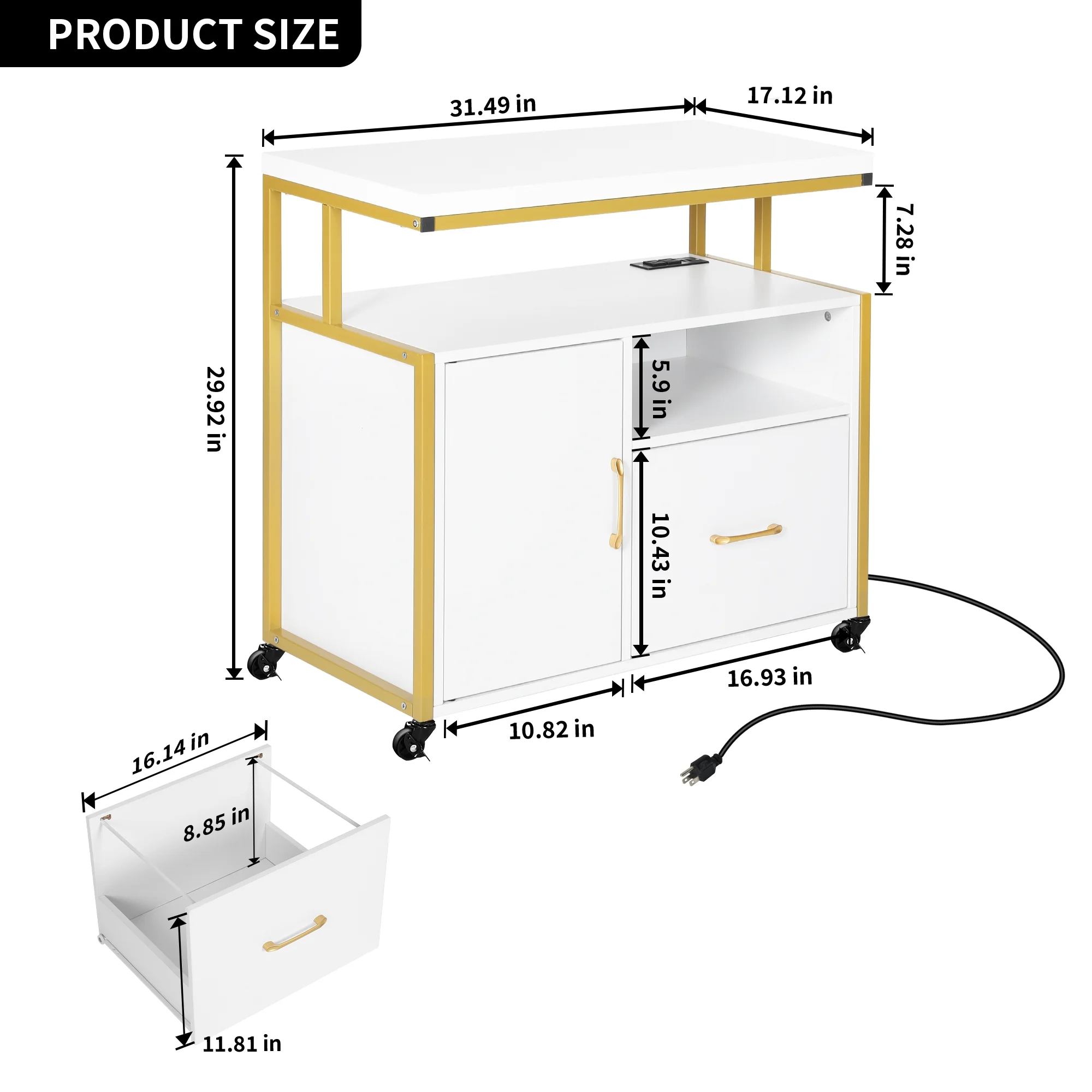 DWVO Wood File Cabinet with Charging Station, Rolling Lateral Filing Cart with Door & Printer Shelf for A4 Letter Size Files for Home Office, White