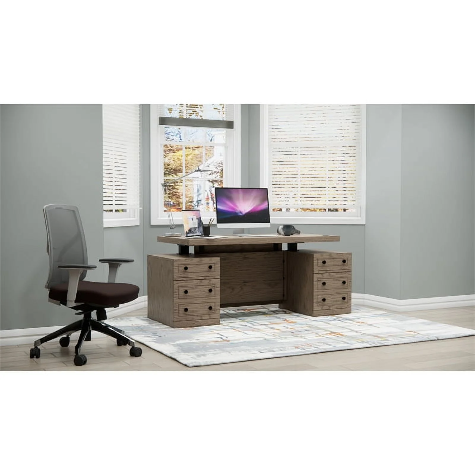 RoomAndLoft Wood Adjustable Height Sit-Stand Storage Desk with Drawers in Gray