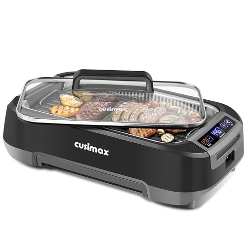 CUSIMAX Smokeless Indoor Grill, 1500W Korean BBQ Grill with Lid， Non-stick Removable Grill Plate, Turbo Smoke Extractor