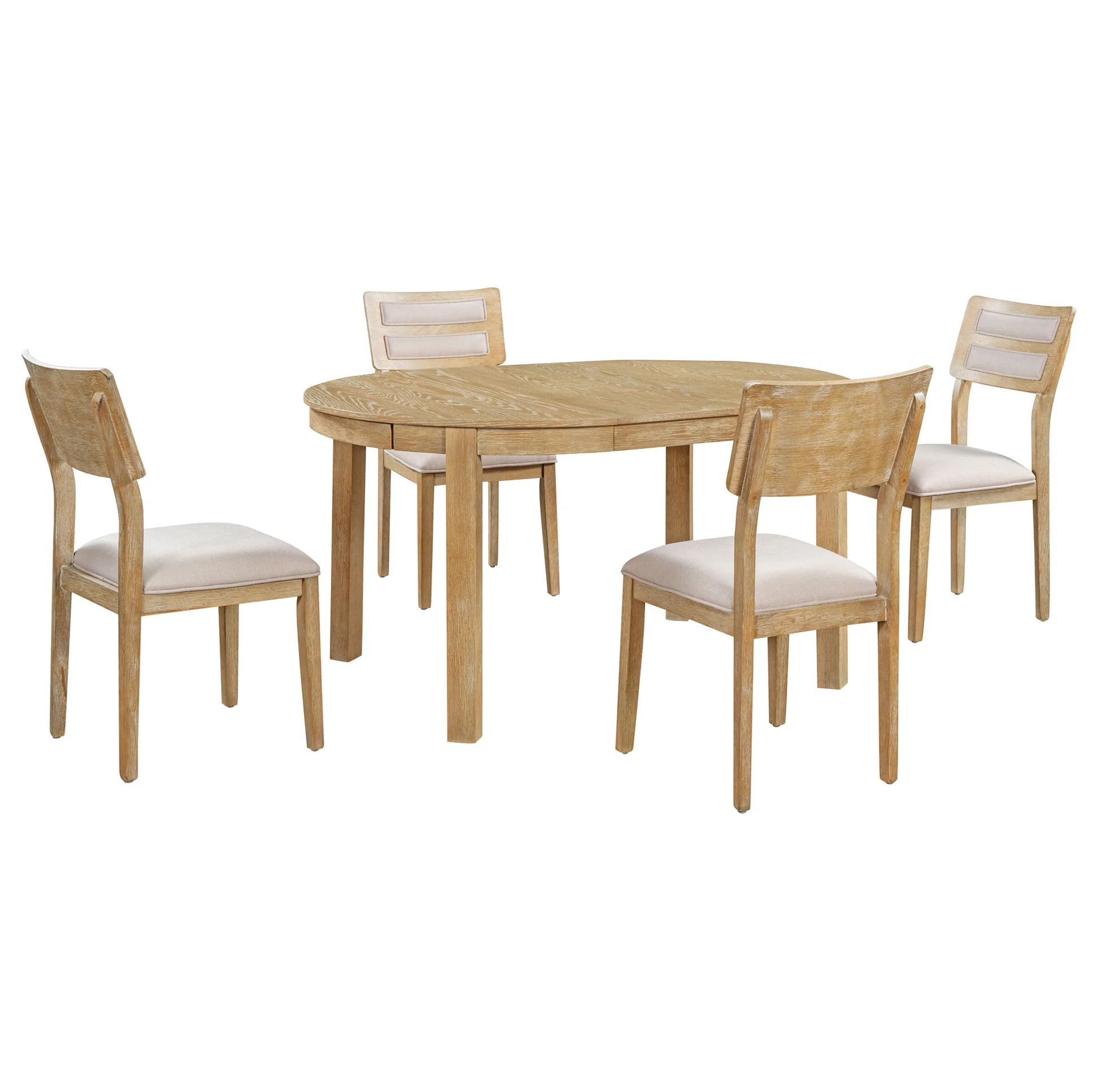 5-Piece Multifunctional Dining Table Set, Farmhouse Dining Set with Extendable Round Table ,Two Small Drawers and 4 Upholstered Dining Chairs for Kitchen and Dining Room (Natural Wood Wash)