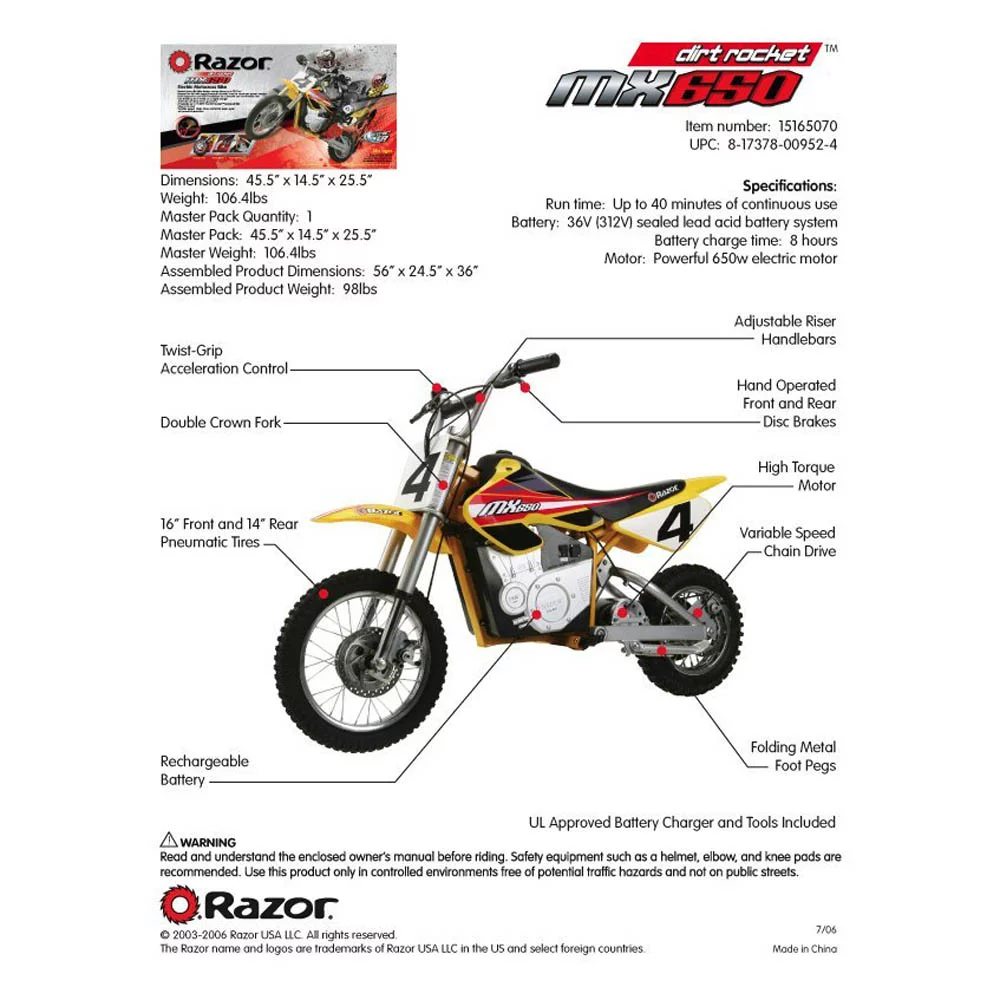 Razor 15165070 MX650 Dirt Rocket Electric Motocross Bike Bundle with 1 Year Extended Protection Plan
