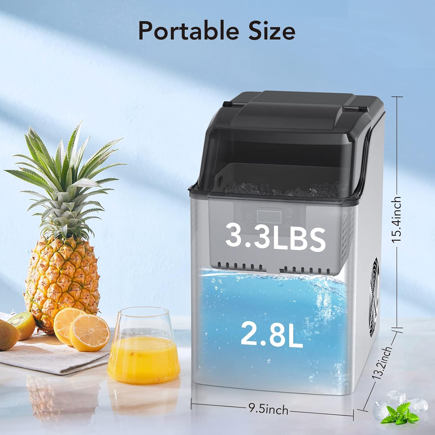 Nugget Ice Maker, Ice-Making of 44lbs/24h, Crushed Ice Maker Machine with Self-Cleaning, Low Noise Countertop Ice Maker, Stainless Steel, Portable Ice Maker for Bar/Home/Office