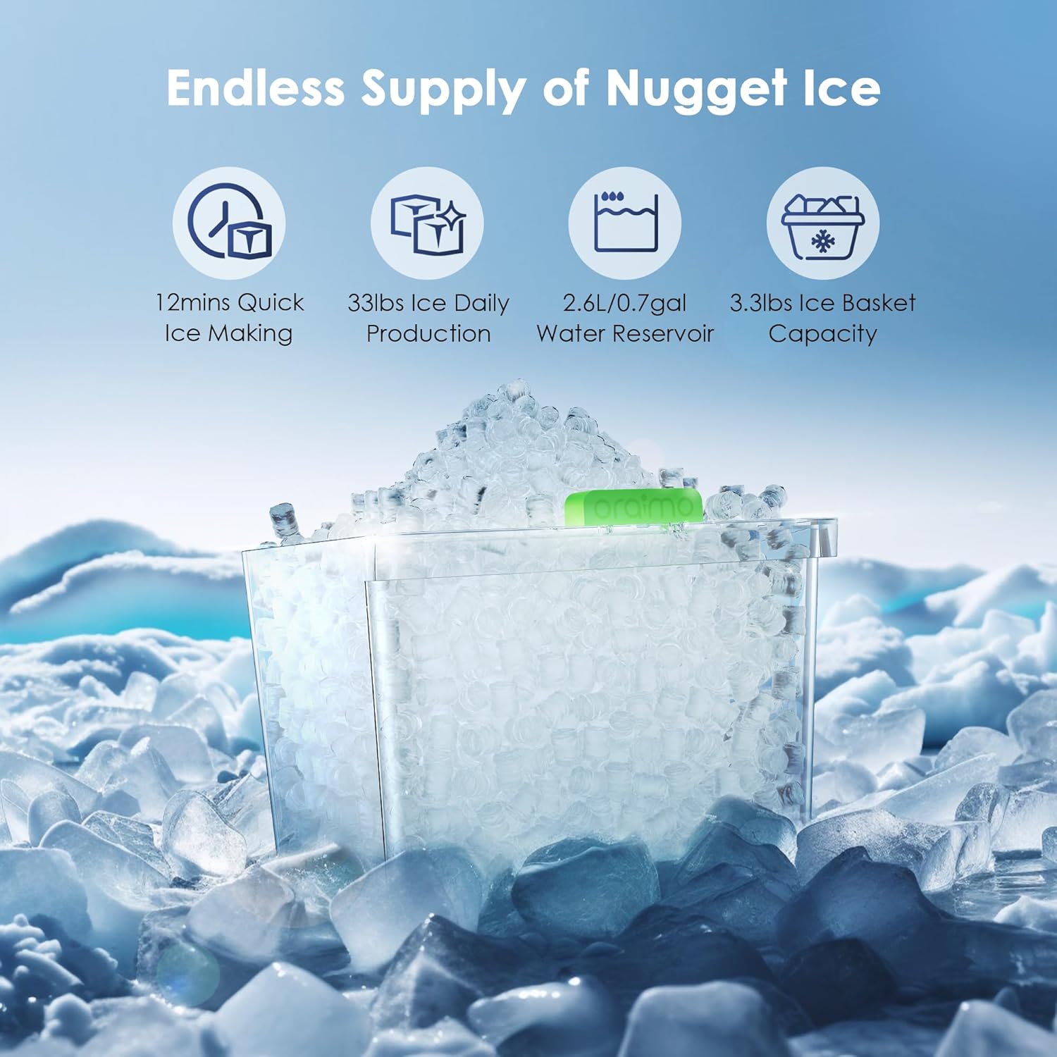 Oraimo Nugget Ice Maker, Ice Makers Countertop, 33 lbs/Day, Time Preset on LED Display, Self-Cleaning & Auto Water Refill, Sonic Pebble Ice Machine