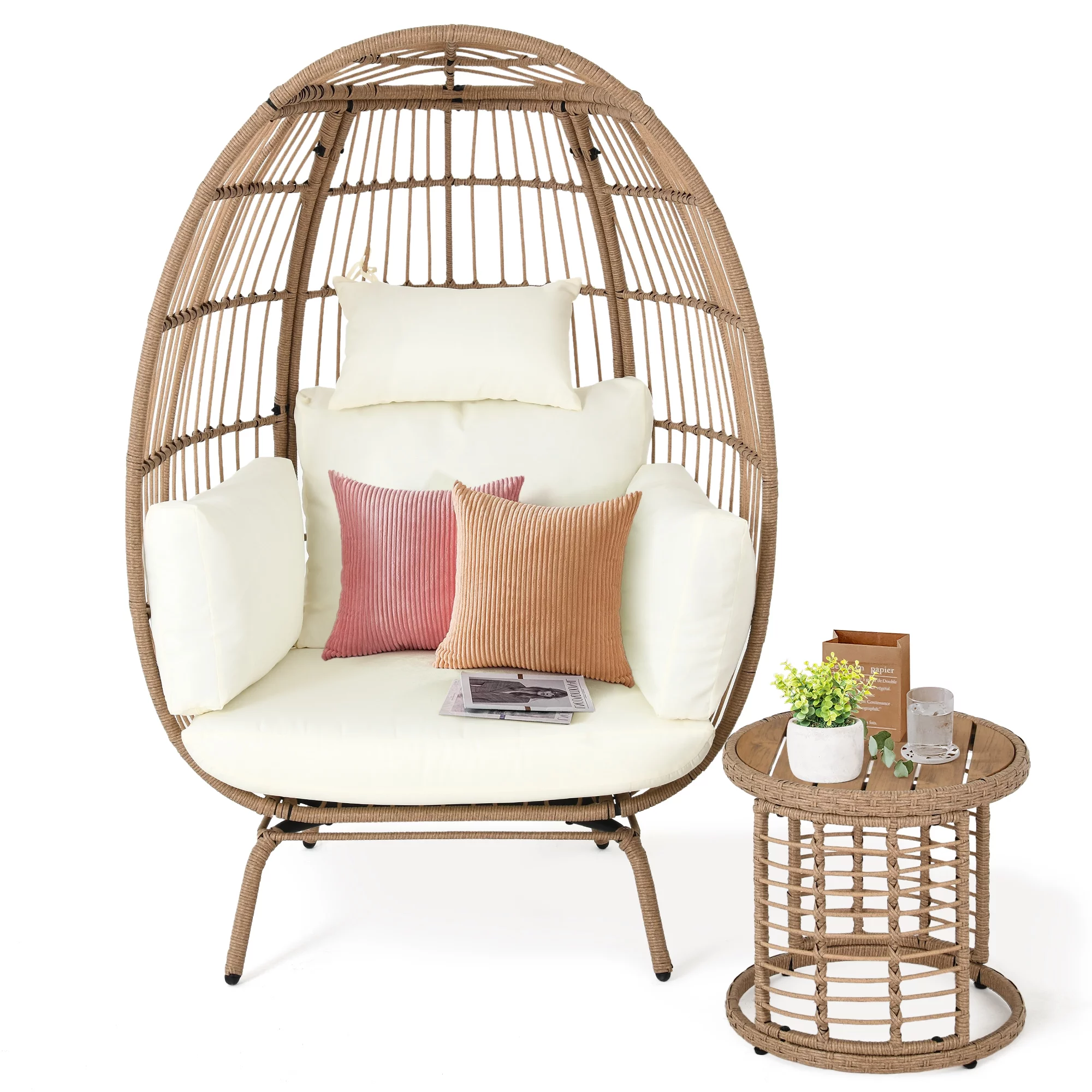 DWVO 2-Piece Wicker Egg Chair with Coffee Table Outdoor Indoor Oversized Lounger with Stand, Table, Cushions, Egg Basket Chair for Patio Backyard Porch - Beige