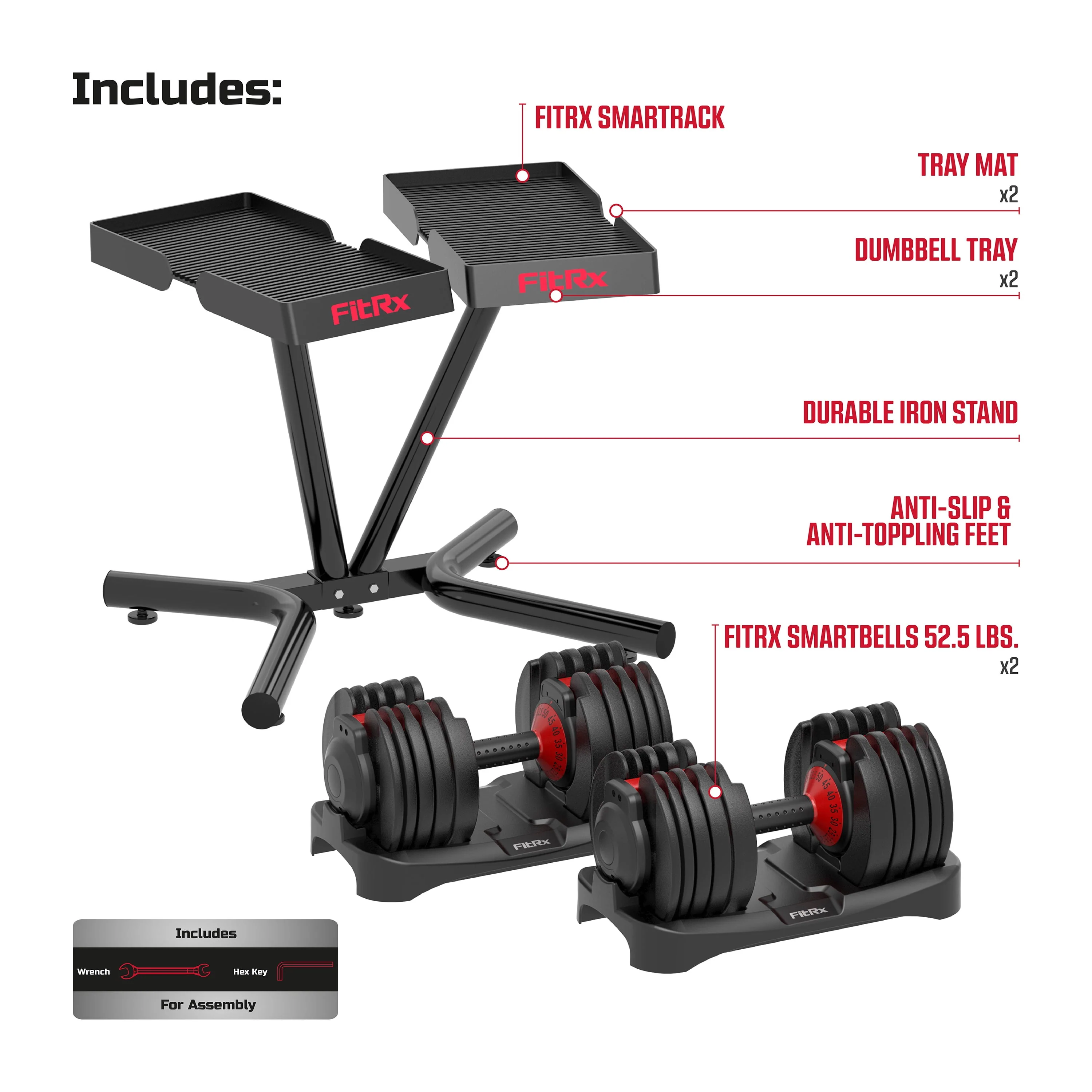 FitRx SmartBell, Quick-Select Adjustable Dumbbell, 5-52.5 lbs. Weight, Black, Single