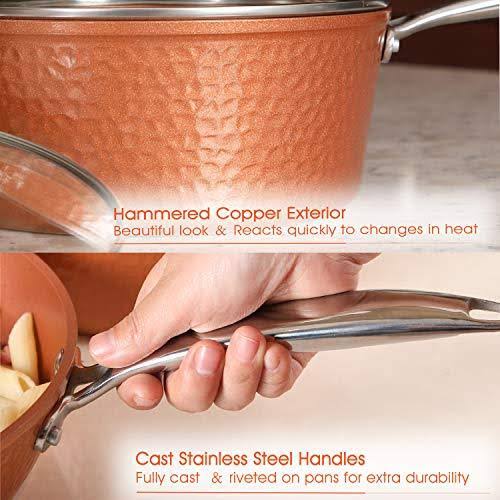 Hammered Copper Pots and Pans Set - Induction Dishwasher Safe Kitchen Nonstick Cookware Sets