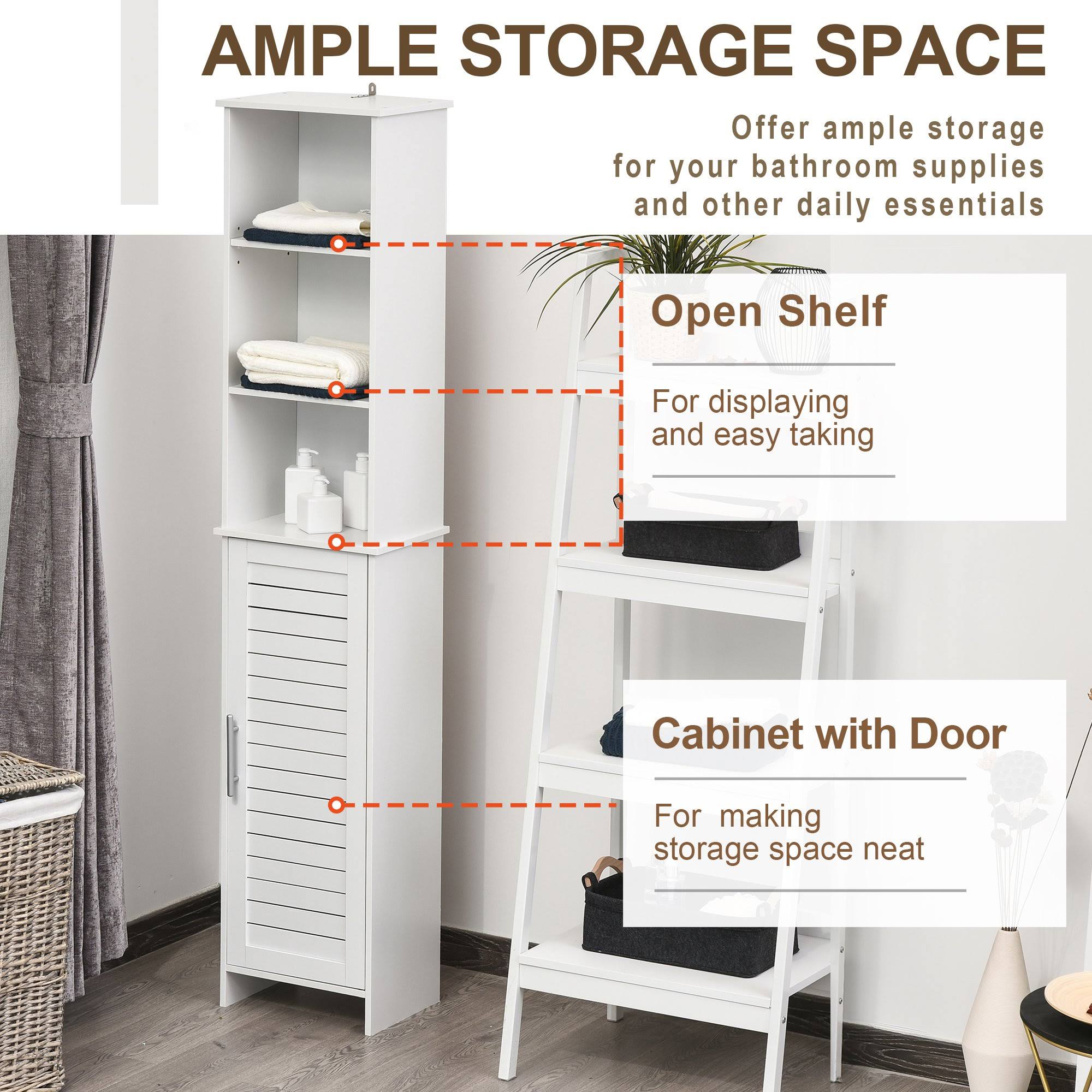 Kleankin Organizer Bathroom Tall Storage Cabinet w/ Door Tower Cupboard Open Shelves Freestanding Furniture - White