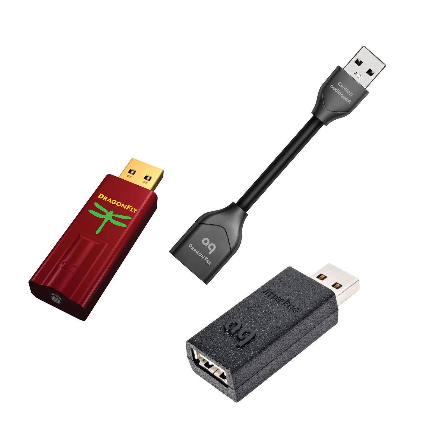 AudioQuest Dragonfly Red V1.0 USB DAC with Jitterbug USB Data and Power Noise Filter Package with Dragontail USB 2.0 Extender