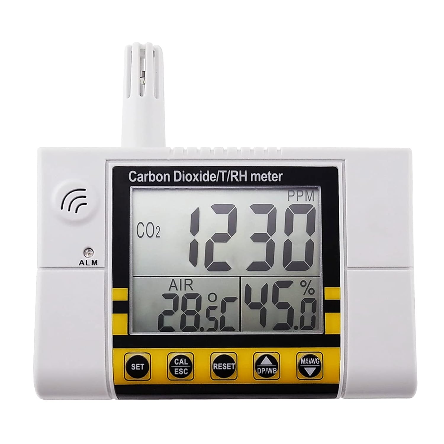 Wall Mount/Desktop Large LED Screen IAQ Monitor Real-time CO2 Detector, Carbon Dioxide, Temperature & Humidity Level with Visual Color Warning Light Bar and Audible Alarm