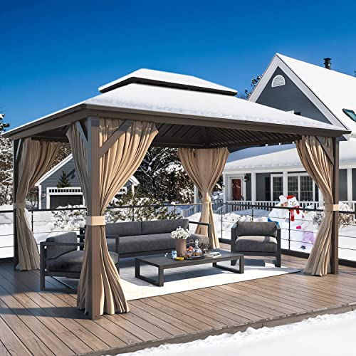 YOLENY 10' x 12' Hardtop Gazebo, Wood-Looking Gazebo with Galvanized Steel Double Roof, Aluminum Frame, Permanent Metal Pavilion with Netting and Curtains for Deck, Backyard, Patio and Lawns