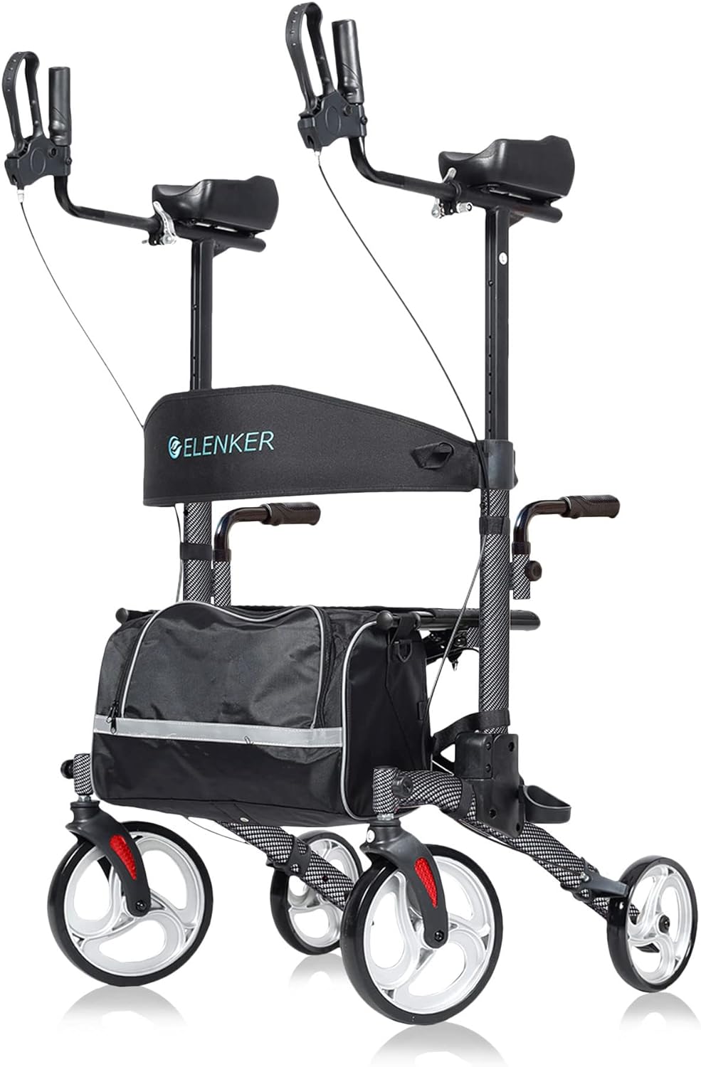 ELENKER Upright Walker, Stand Up Folding Rollator Walker with 10 Front Wheels Backrest Seat and Padded Armrestsf (Carbon Fiber Black)