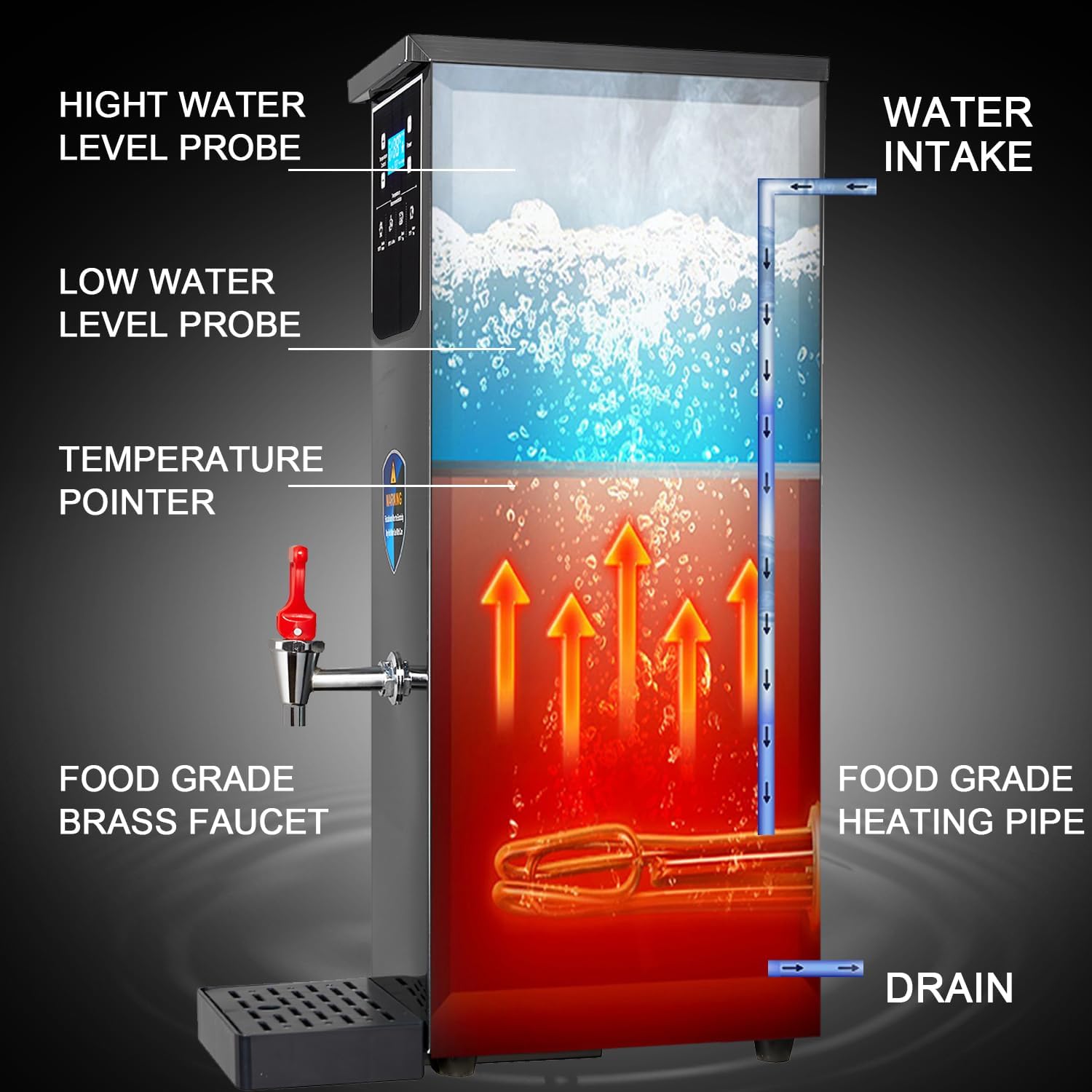 Hot Water Dispenser Commercial Water Boiler Electric Warmer Black Hot Water Machine, 50L/13Gal per Hour, Stainless Steel, Large Capacity, 1600W Fast Heating for Restaurant, Hotel, Office