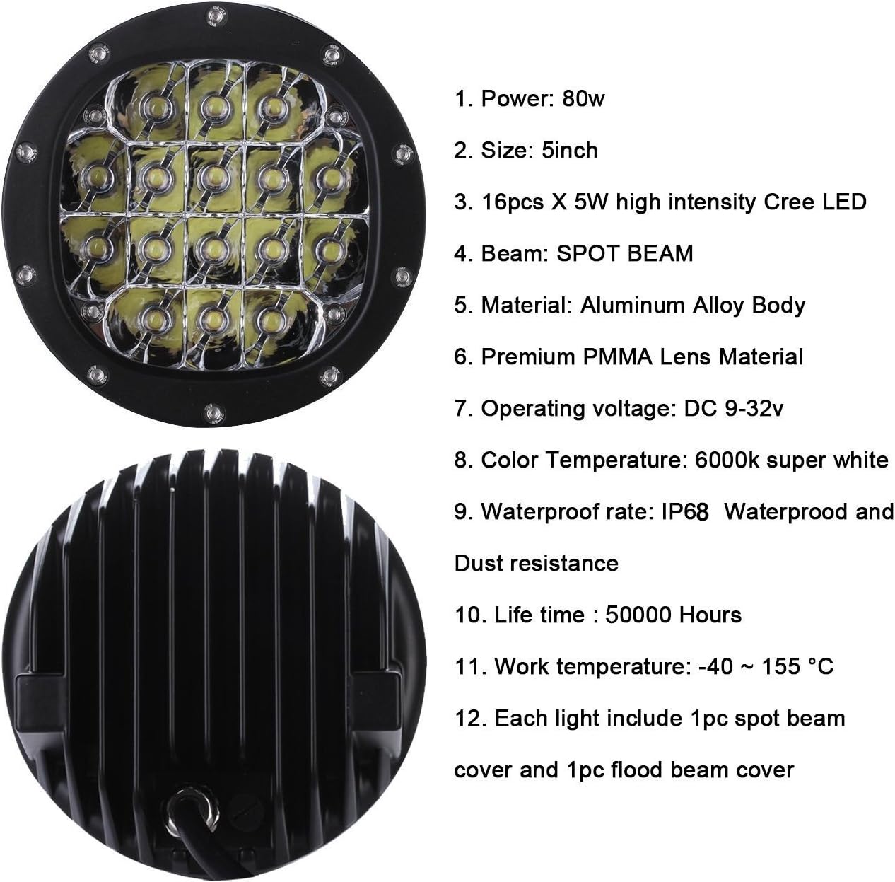 1Pair 5 Inch Round Led Driving Light 80W 8000LM Front Bumper Grille Guards Spotlights for Offroad Jeep Wrangler JK TJ YJ Ford Toyota Pickup 4WD 4X4 ATV SUV Boat Truck Bulldozer Excavator Forklift