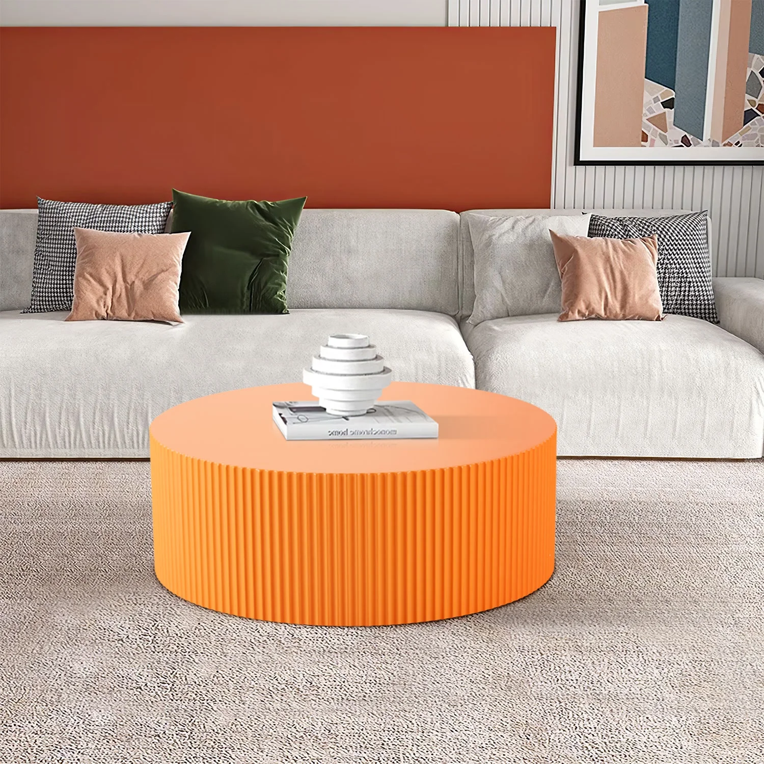 Kevinplus 35.43" Round Coffee Table, Matte Orange Wooden Large End Table for Living Room, Modern Luxury Side Tables Accent for Home Office