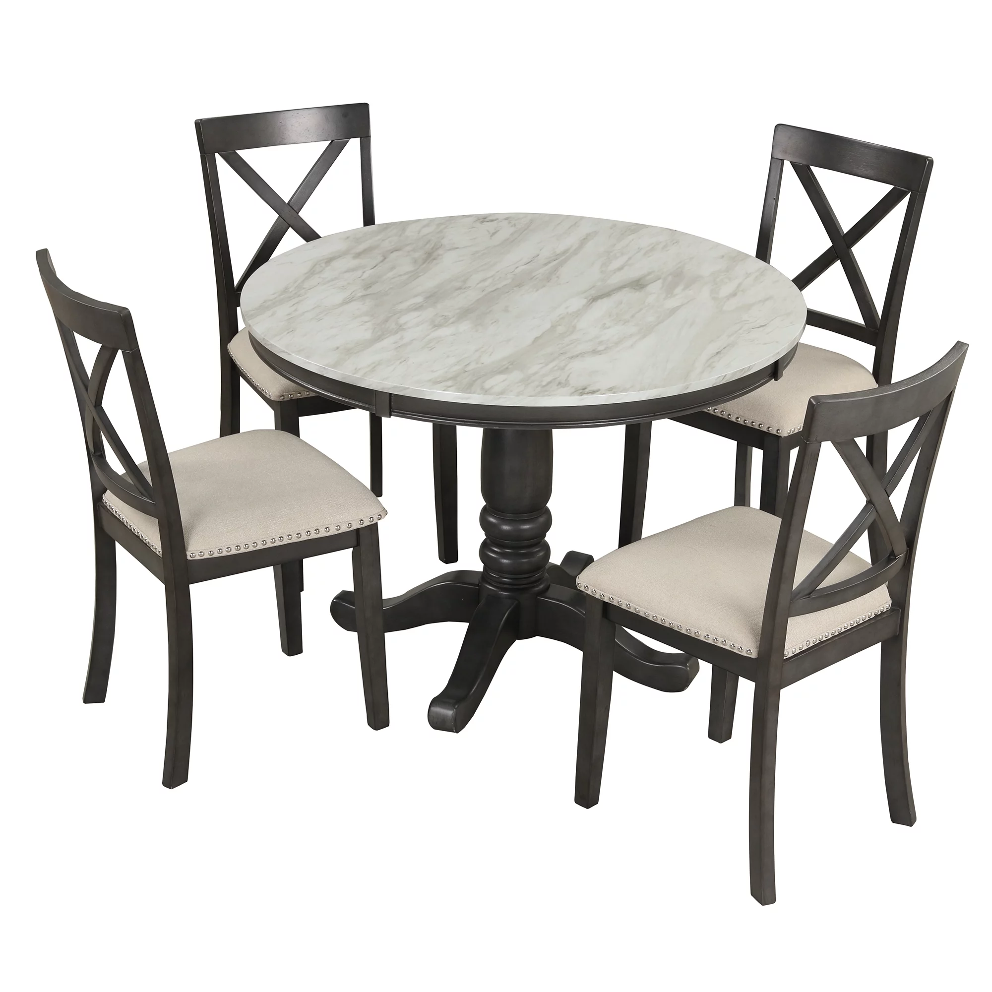 5 Piece Modern Solid Wood Dining Room Set with 4 Chairs, Simple Style Kitchen Table Set with Table and 4 Cross Back Chairs, Round Table with Chairs for Small Places (Gray)