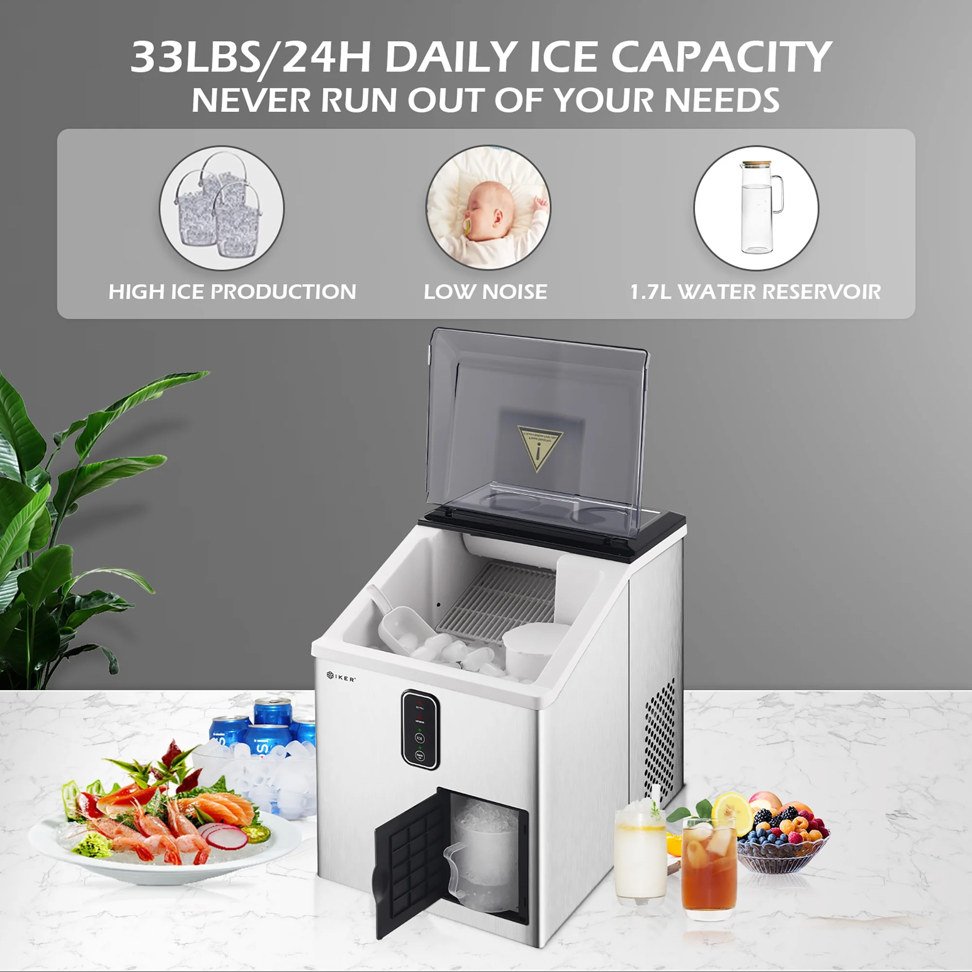 IKER Countertop Ice Maker and Ice Shaver Machine 33lb/24H, Portable 2-in-1 Ice Machine with LCD Display