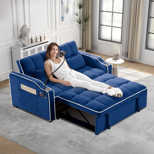 Convertible Sleeper Sofa Bed, 3 in 1 Velvet Pull Out Loveseat Couch Modern Comfy Futon Sofa with Adjustable Backrest & Phone Holder & USB Charging Space Saving for Living Room, Small Apartment, Grey