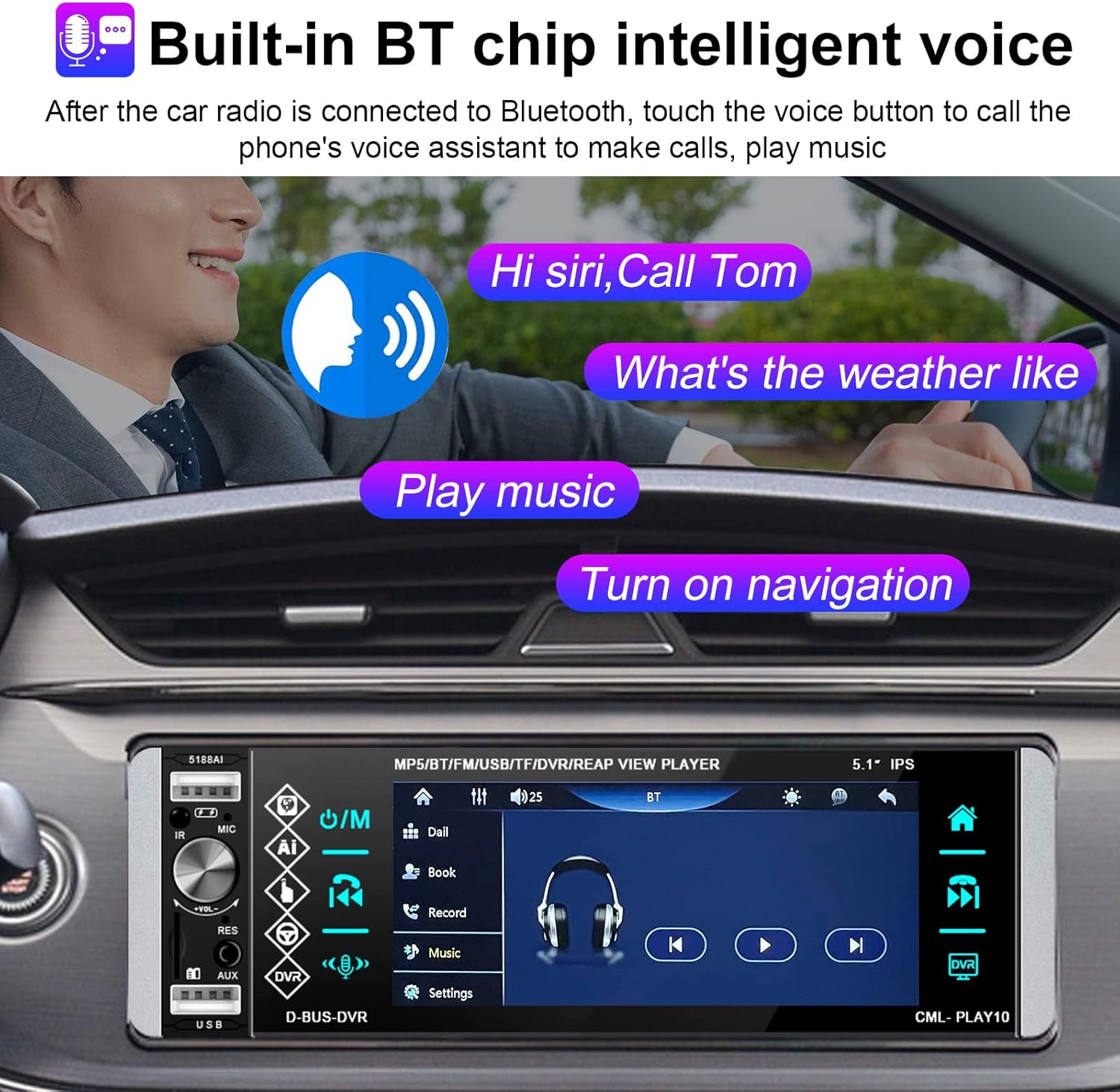 Single Din Car Stereo 5.1 Inch Touchscreen Radio with Bluetooth Voice Control Support DVR FM RDS AM Tuner, 1 Din Head Unit with USB/SD/Aux-in + Steering Wheel Control, Microphone and Backup Camera