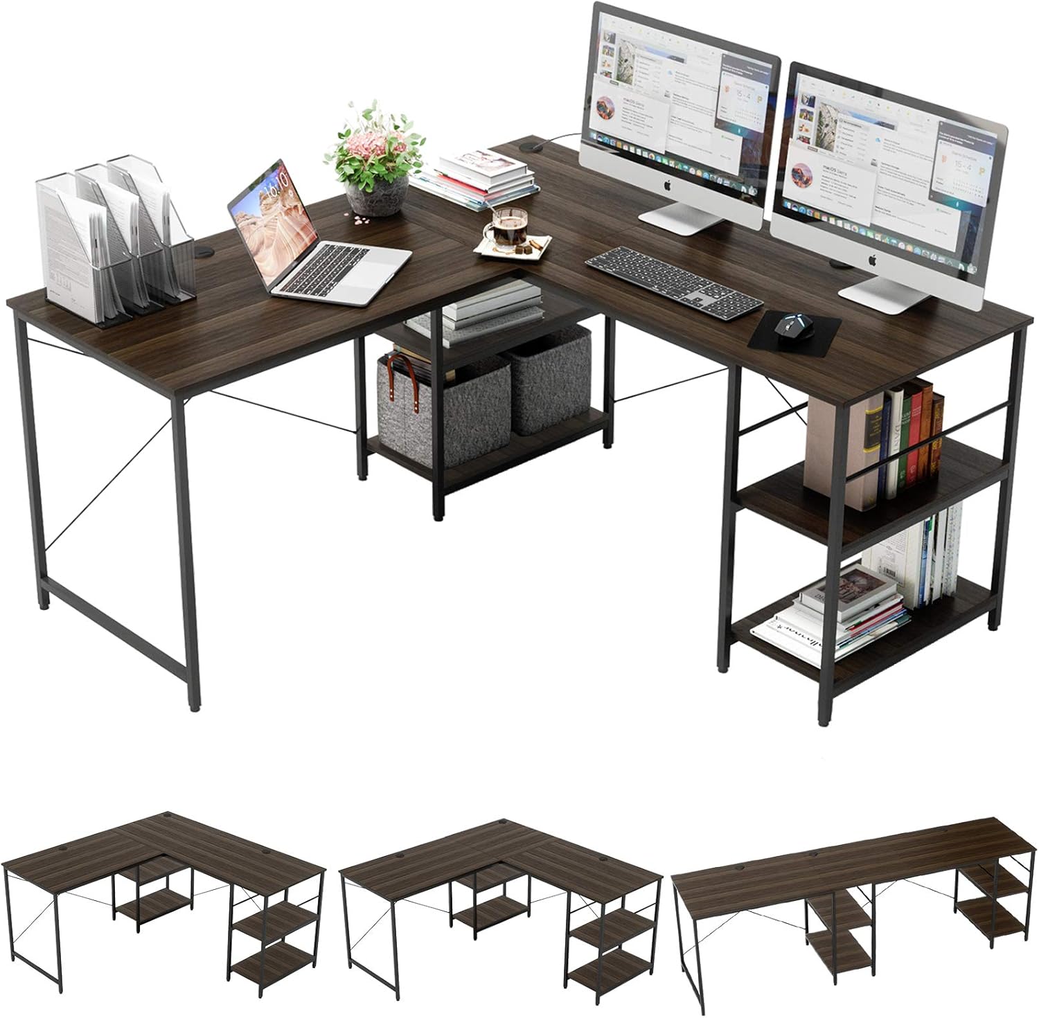Bestier L Shaped Desk with Shelves 95.2 Inch Reversible Corner Computer Desk or 2 Person Long Table for Home Office Large Gaming Writing Storage Workstation P2 Board with 3 Cable Holes, Rustic Brown