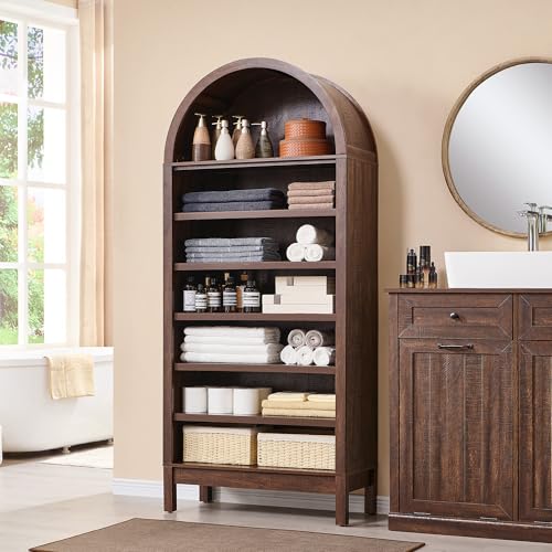 71" Tall Arched Bookshelf, 7 Tiers Arch Bookcase with Storage, Modern Farmhouse Book Shelf with Adjustable Shelves, Wood Bookshelf w/Open Display Shelves for Living Room, Office (Natural)