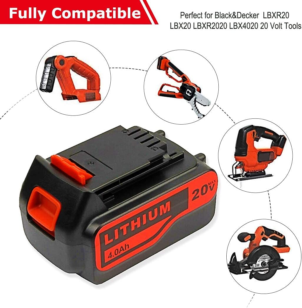 2 Pack 4.0Ah 20V LBXR20 Replacement Lithium Battery for Black and Decker 20Volt Max LBXR20 LB20 LBX20 LBXR2020 LBX4020 LB2X4020-OPE LBXR20-OPE Power Tools Pack of 2