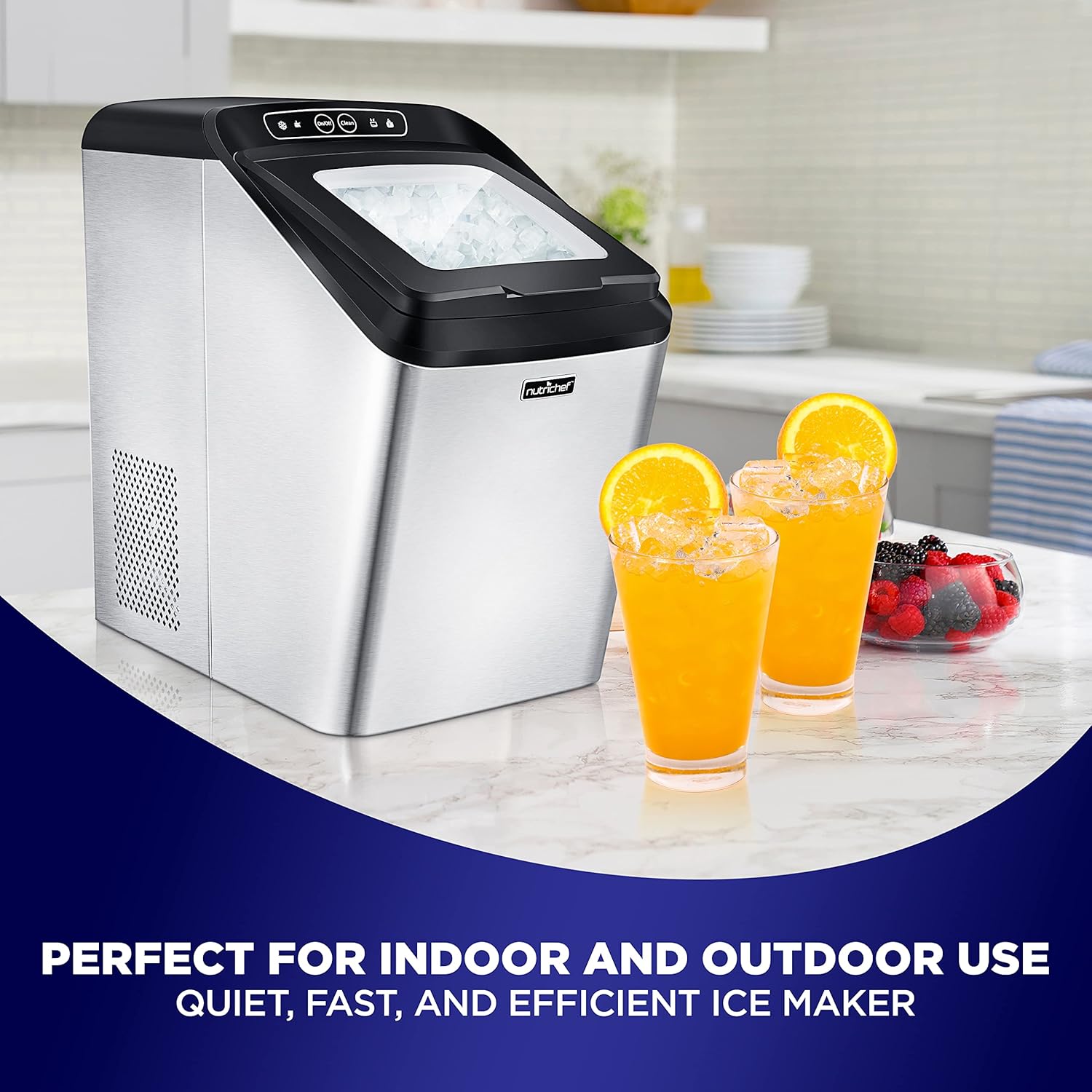 NutriChef Countertop Nugget Ice Maker Machine,Compact Self Cleaning Pellet Ice Machine,Quiet,Fast,and Efficient Icemaker,Stainless Steel Housing,Sleek Design for Indoor Use,Home,RV,