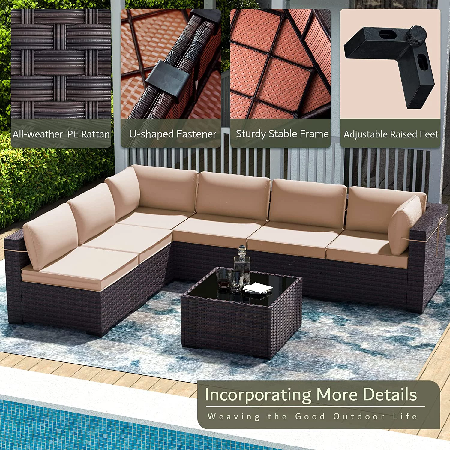 Popular Outdoor Patio Furniture Set  14 Pieces Outdoor Furniture All Weather Patio Sectional Sofa PE Wicker Modular Conversation Sets with Coffee Table 12 Chairs &amp; Seat Clips(Sand)