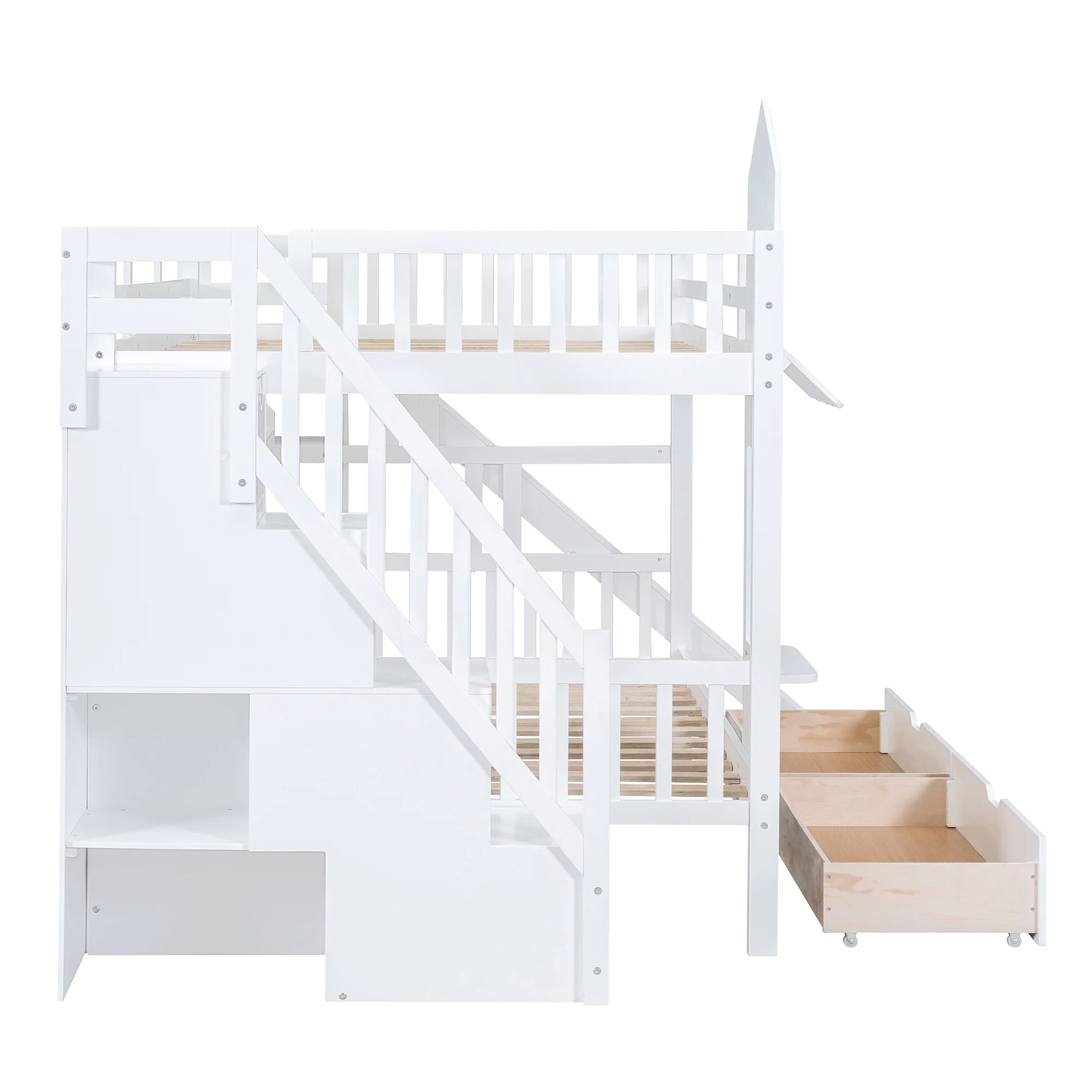 Bellemave Kids Castle Bunk Bed with Storage Drawers, Shelf, Slide and Safety Guardrail, Full Over Full Bunk Bed with Stairs, Castle Bunk Bed/Playhouse Bed for Girls, Boys, Kids (White)